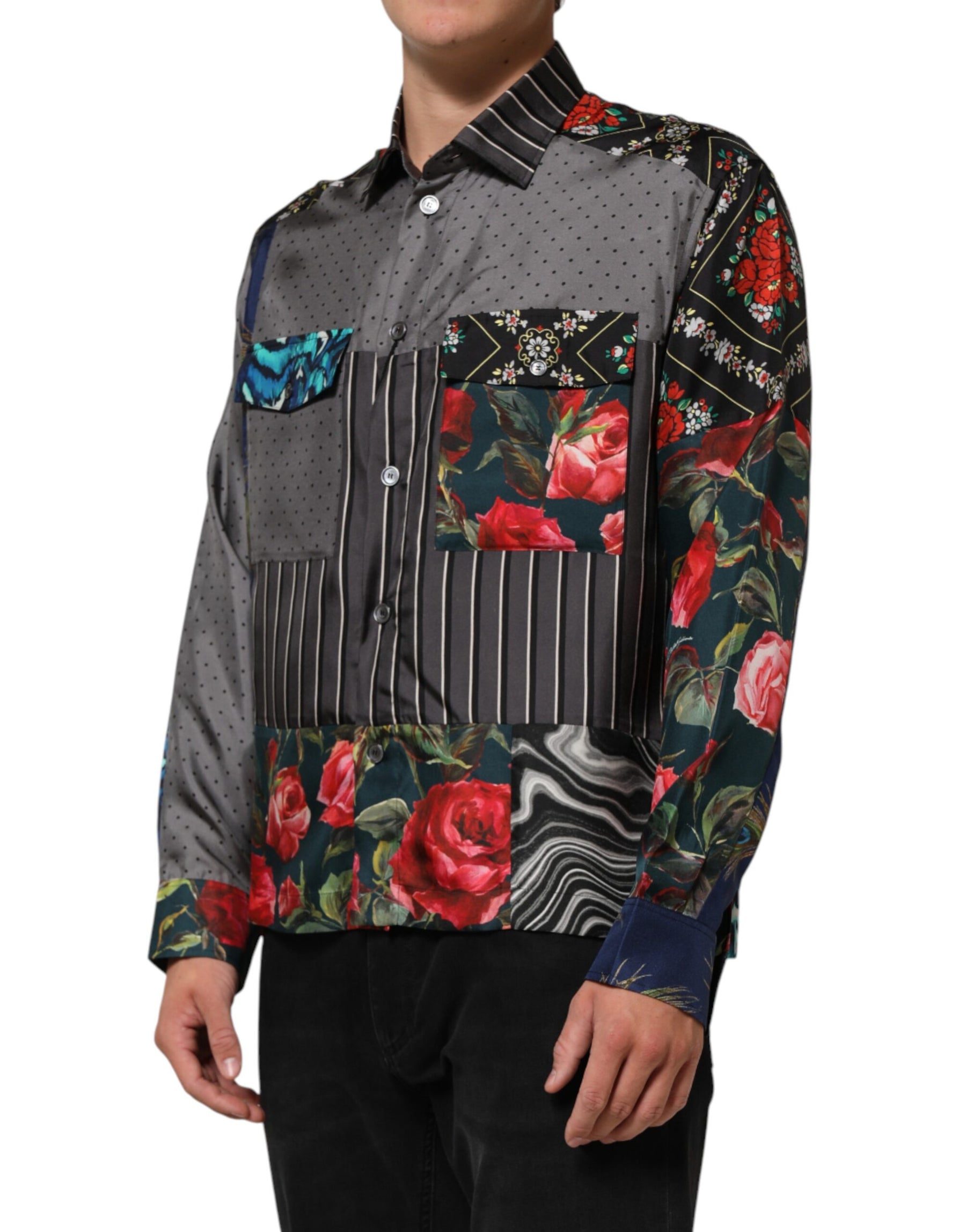 Dolce & Gabbana Multicolor Patchwork Long Sleeves Silk Shirt | Regal Royce