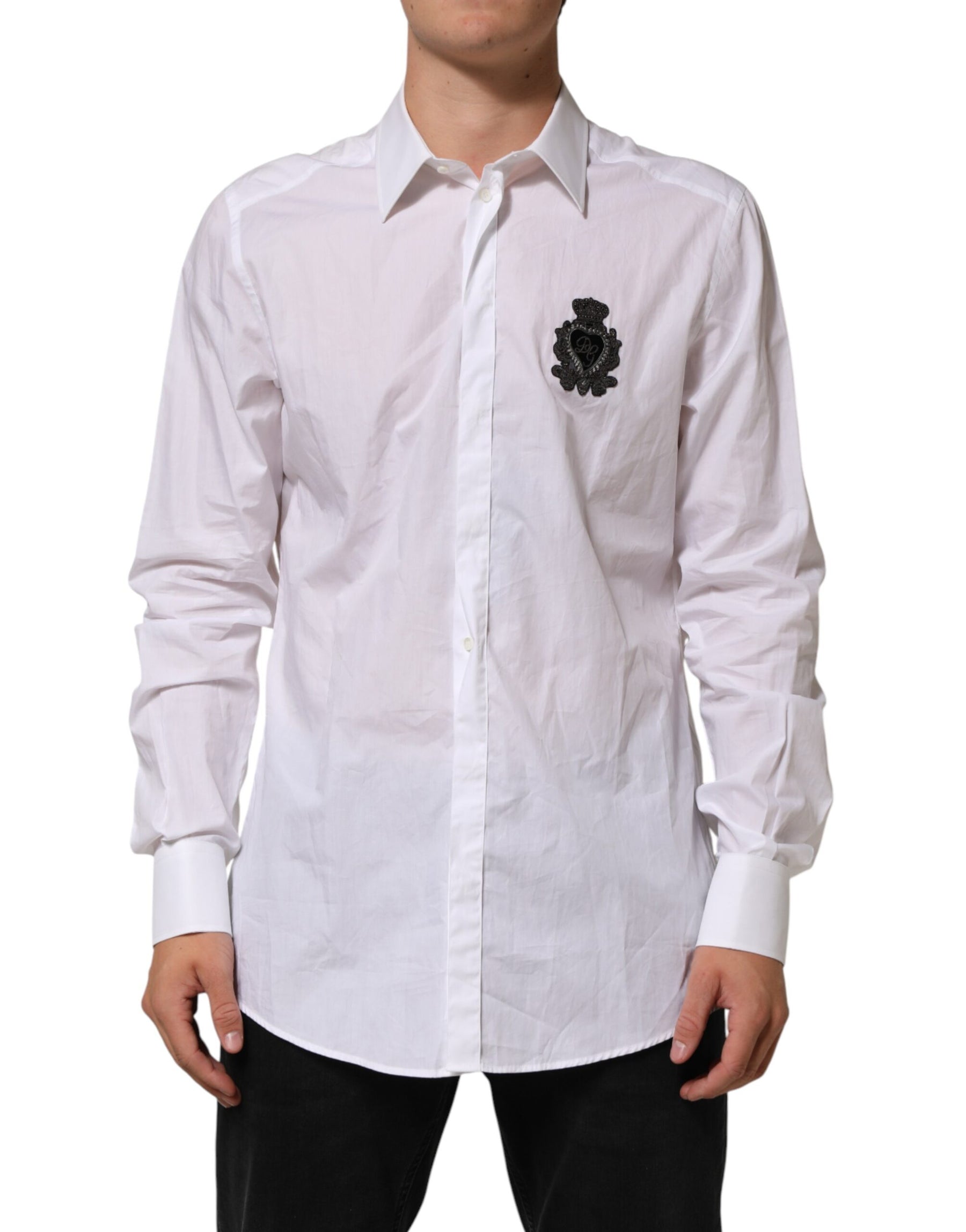 Dolce & Gabbana White Cotton MARTINI DG Patch Dress Shirt | Regal Royce