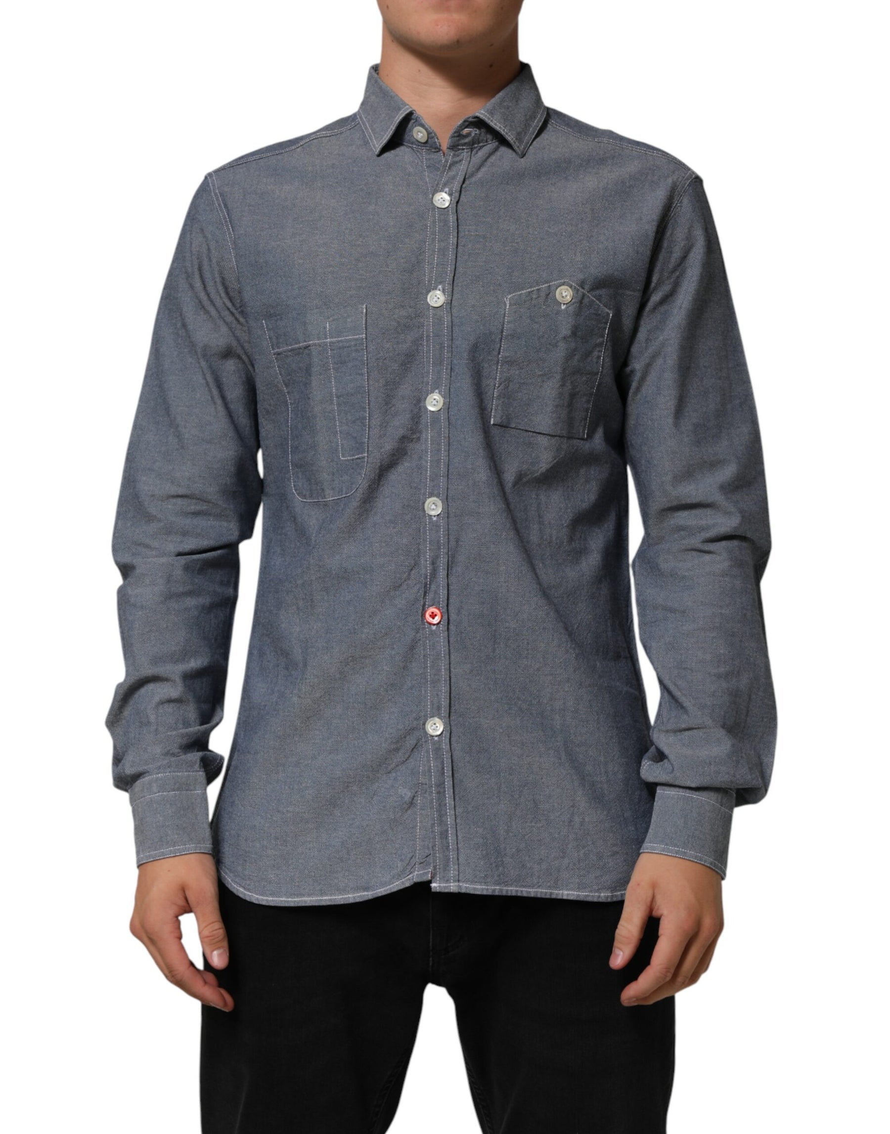 AGLINI Blue Denim Regular Fit Collared Long Sleeve Casual Shirt | Regal Royce