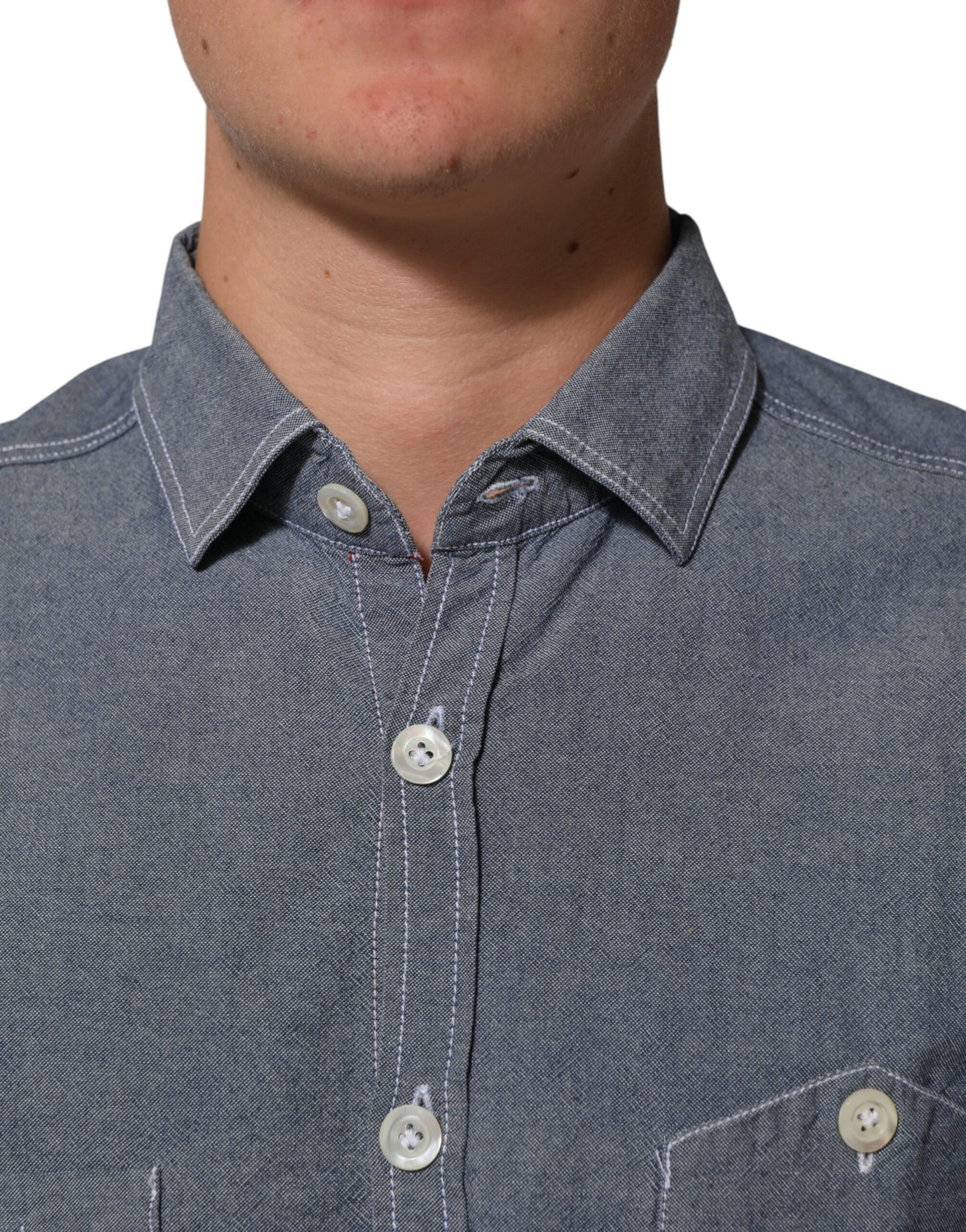 AGLINI Blue Denim Regular Fit Collared Long Sleeve Casual Shirt | Regal Royce