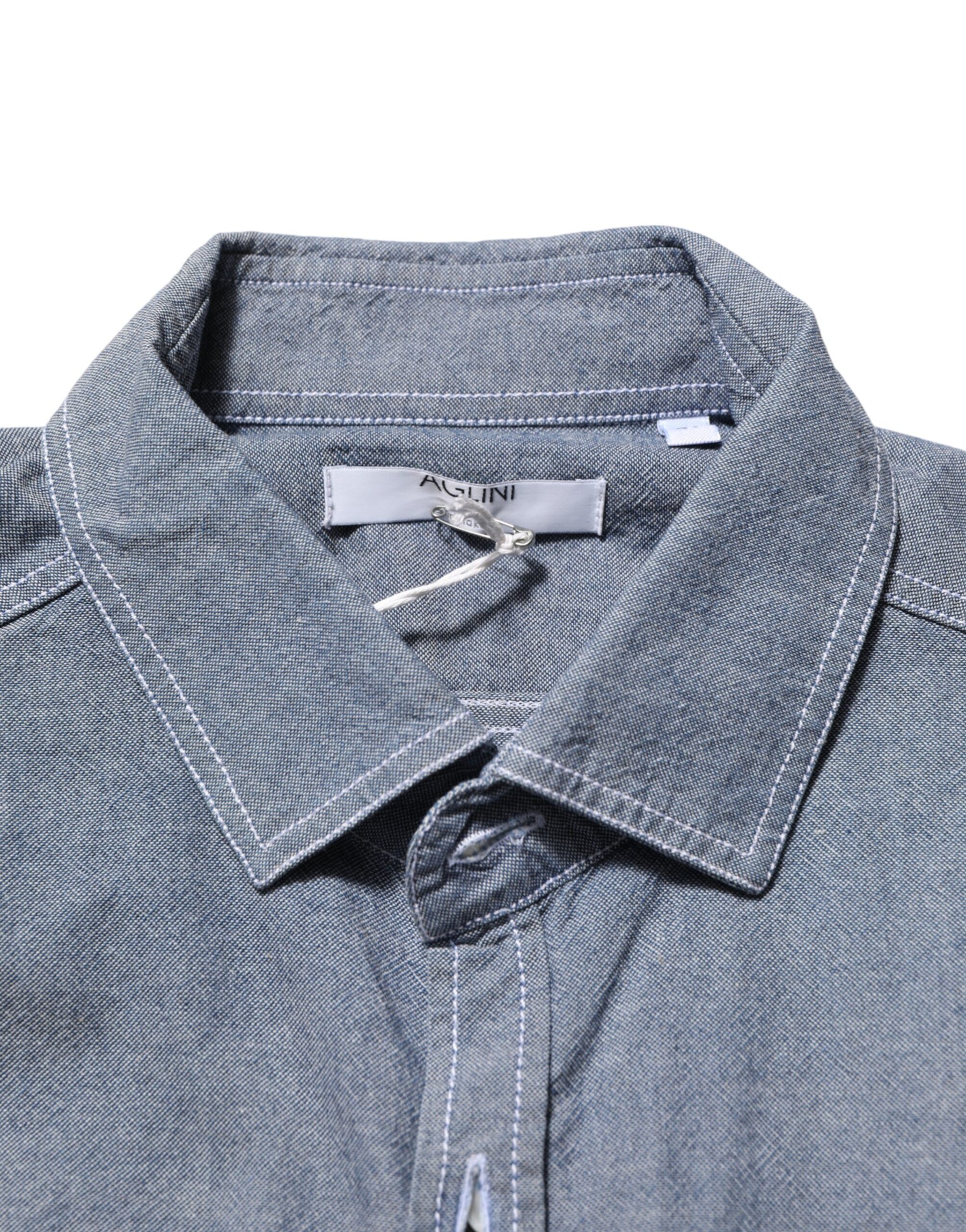AGLINI Blue Denim Regular Fit Collared Long Sleeve Casual Shirt | Regal Royce