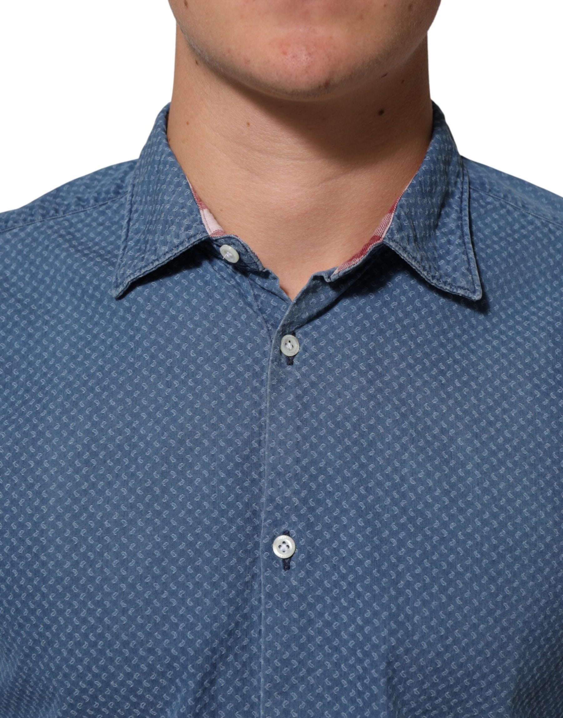 AGLINI Blue Denim Slim Fit Collared Long Sleeve Casual Shirt | Regal Royce