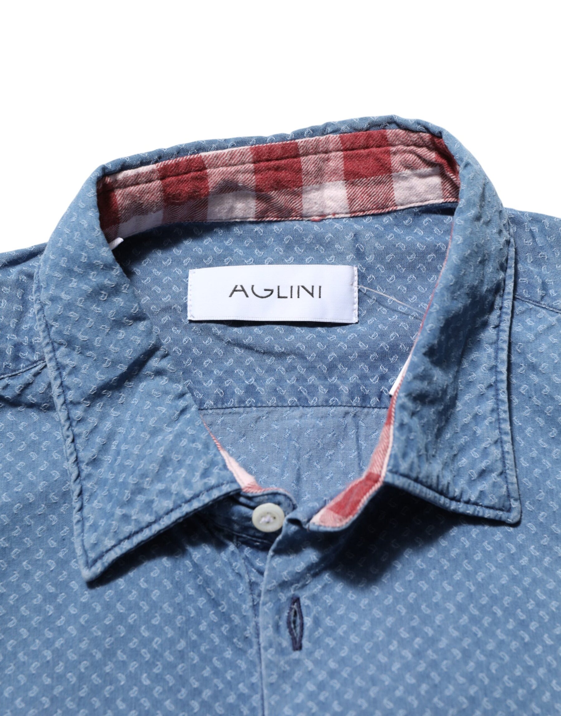 AGLINI Blue Denim Slim Fit Collared Long Sleeve Casual Shirt | Regal Royce