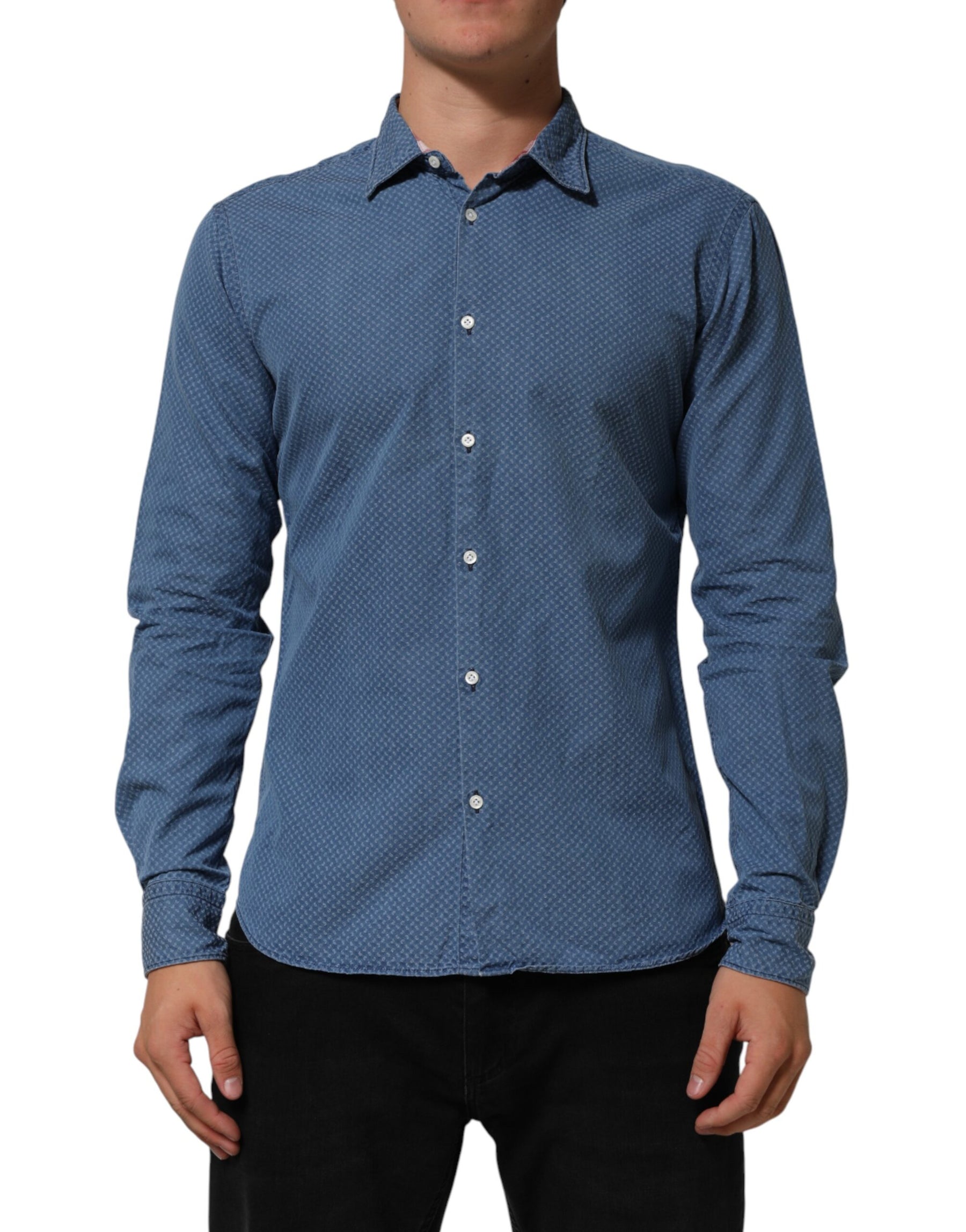 AGLINI Blue Cotton Slim Fit Collared Long Sleeve Casual Shirt | Regal Royce