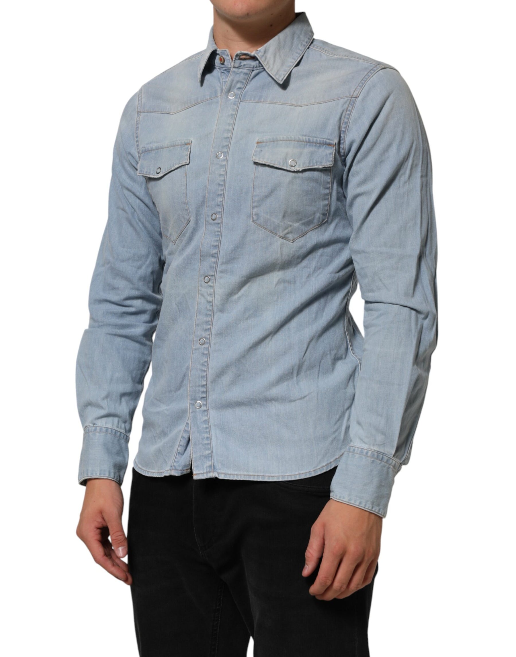 Maison Clochard Blue Denim Collared Long Sleeve Men Shirt | Regal Royce