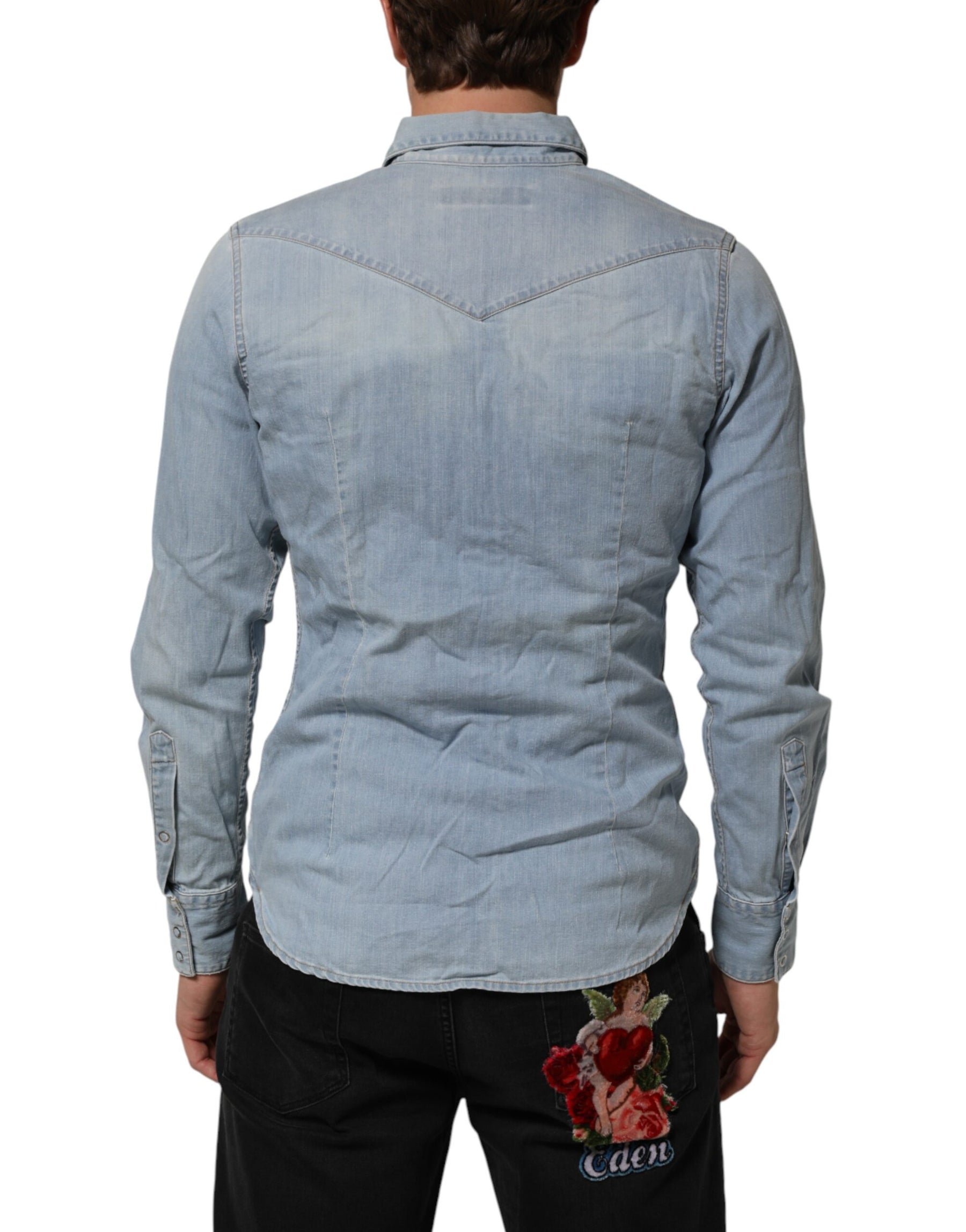 Maison Clochard Blue Denim Collared Long Sleeve Men Shirt | Regal Royce