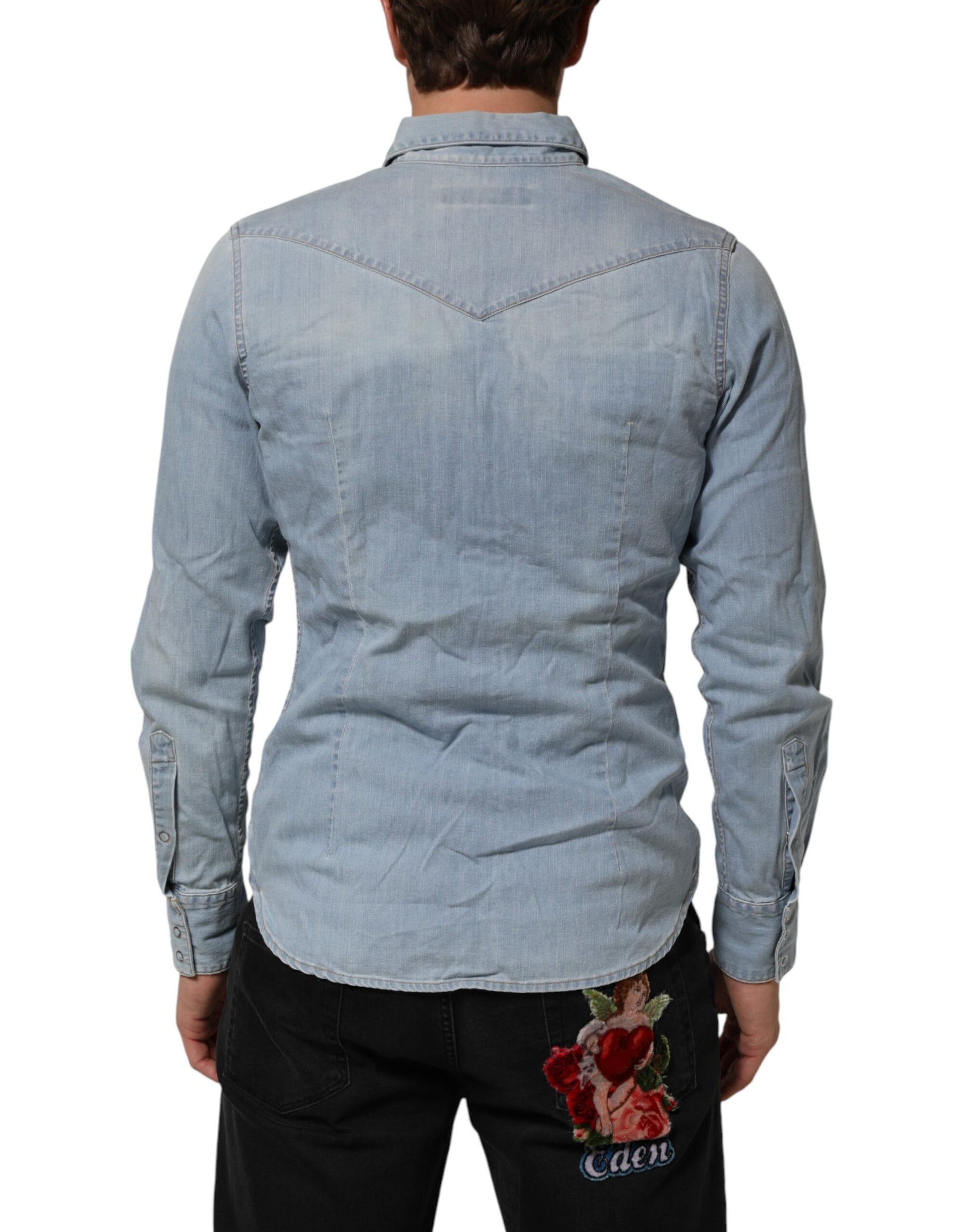 Maison Clochard Blue Denim Collared Long Sleeve Men Shirt