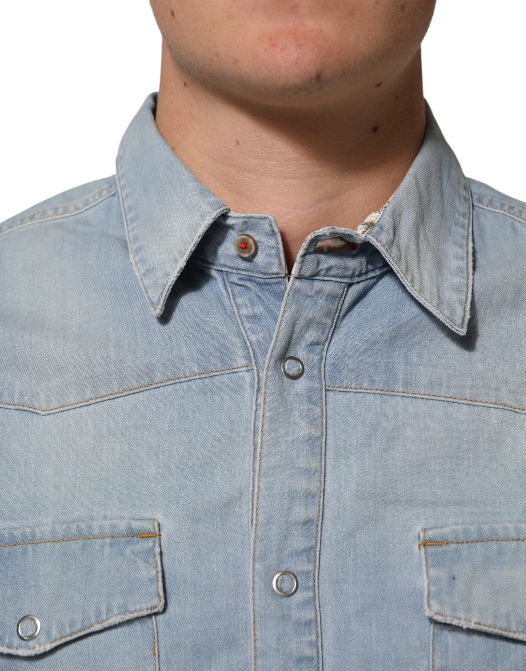 Maison Clochard Blue Denim Collared Long Sleeve Men Shirt | Regal Royce