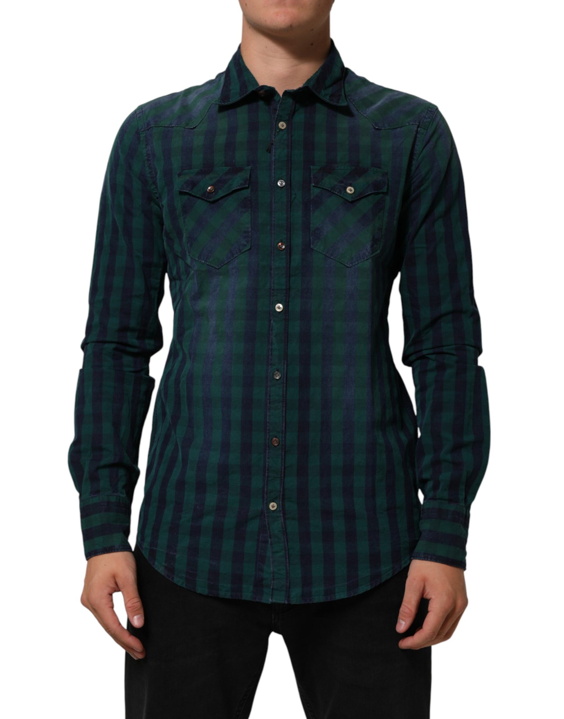 AGLINI Green Checkered Cotton Button Down Long Sleeves Shirt | Regal Royce
