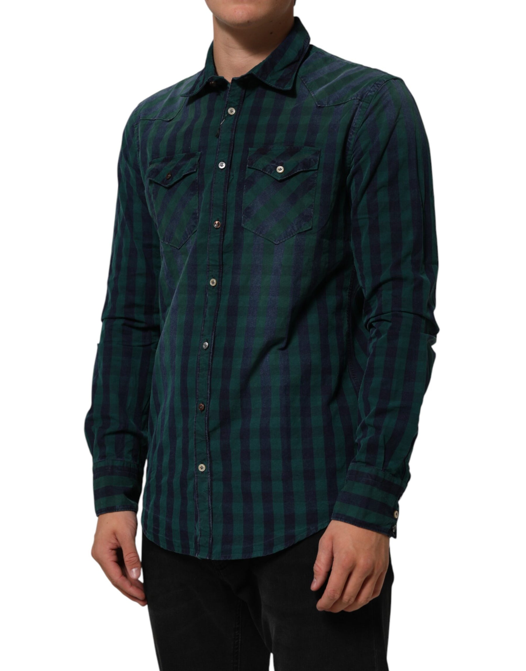AGLINI Green Checkered Cotton Button Down Long Sleeves Shirt | Regal Royce