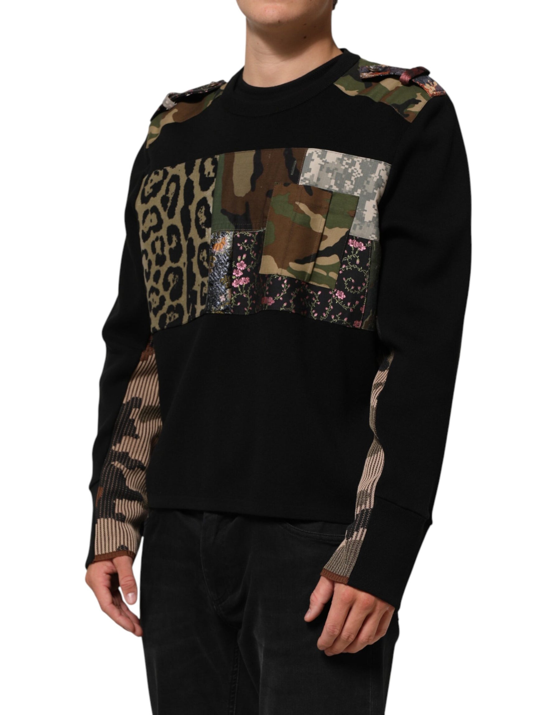 Dolce & Gabbana Black Patchwork Crew Neck Pullover Sweater | Regal Royce