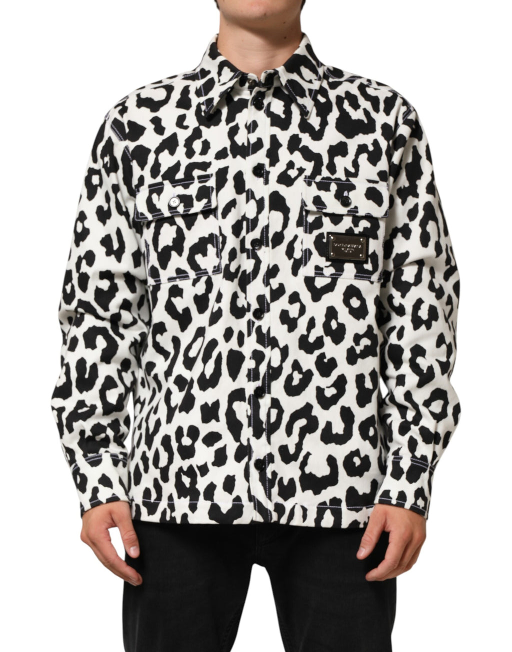 Dolce & Gabbana Black White Leopard Denim Blouson Sweater