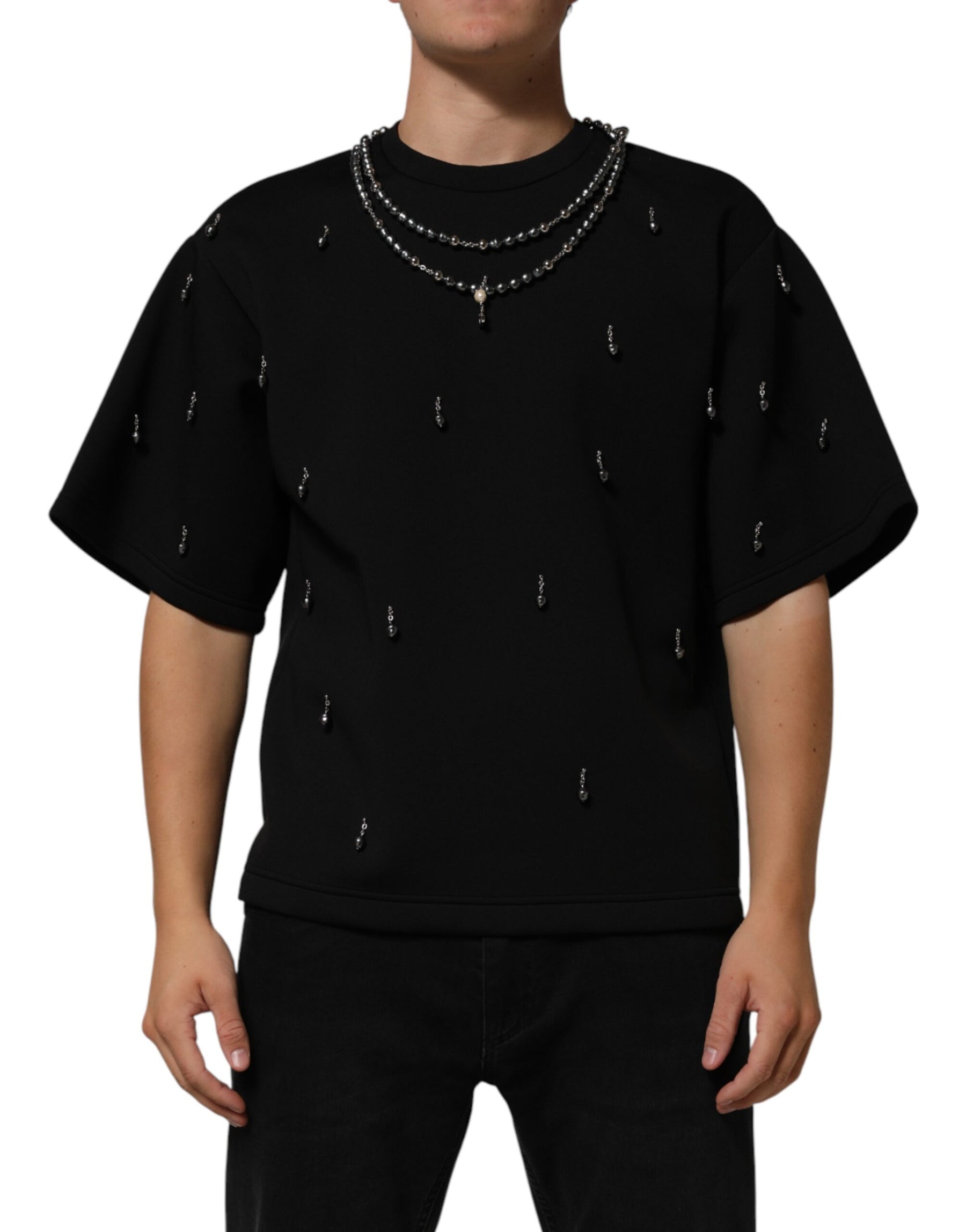 Dolce & Gabbana Black Polyester Necklace Embellished T-shirt | Regal Royce