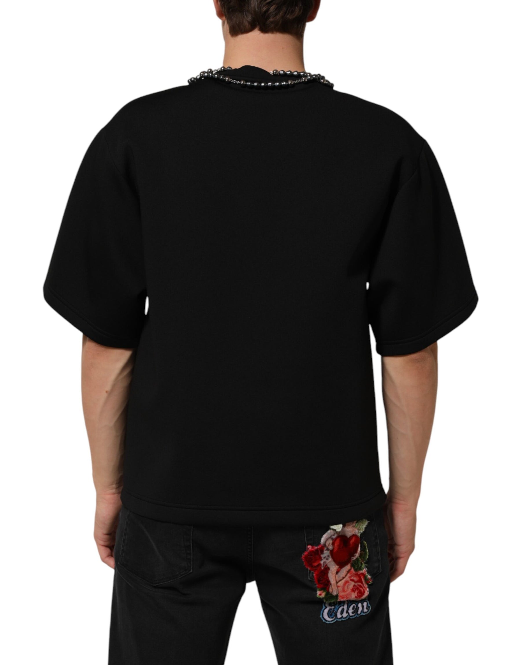 Dolce & Gabbana Black Polyester Necklace Embellished T-shirt | Regal Royce