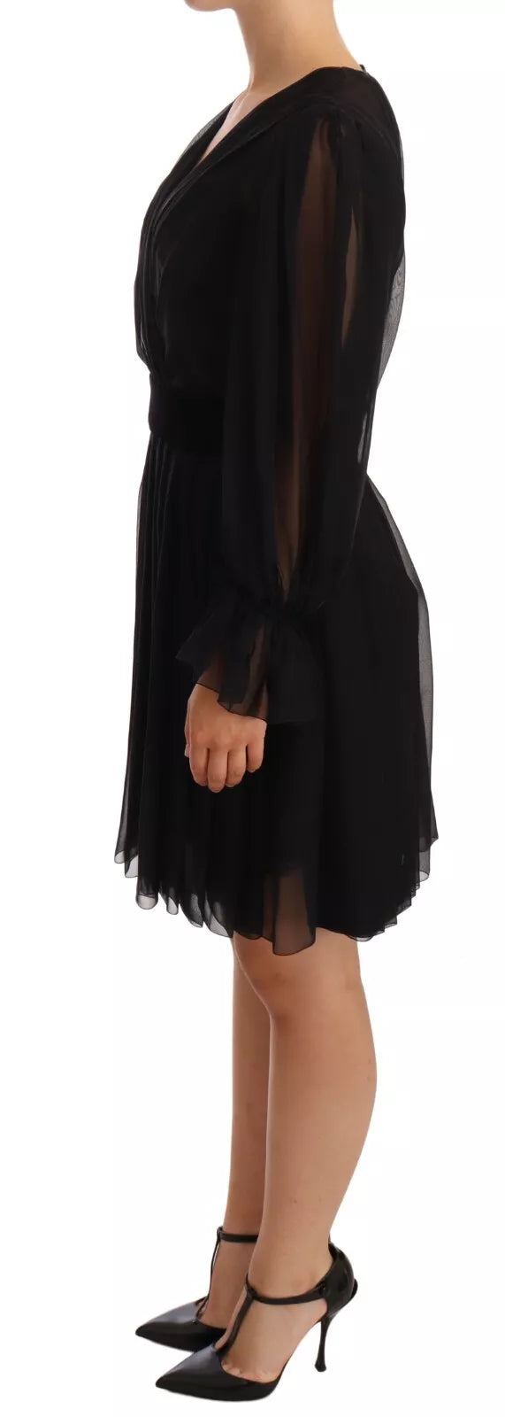 Dolce & Gabbana Black Silk Tulle Long Sleeve V-neck Dress | Regal Royce