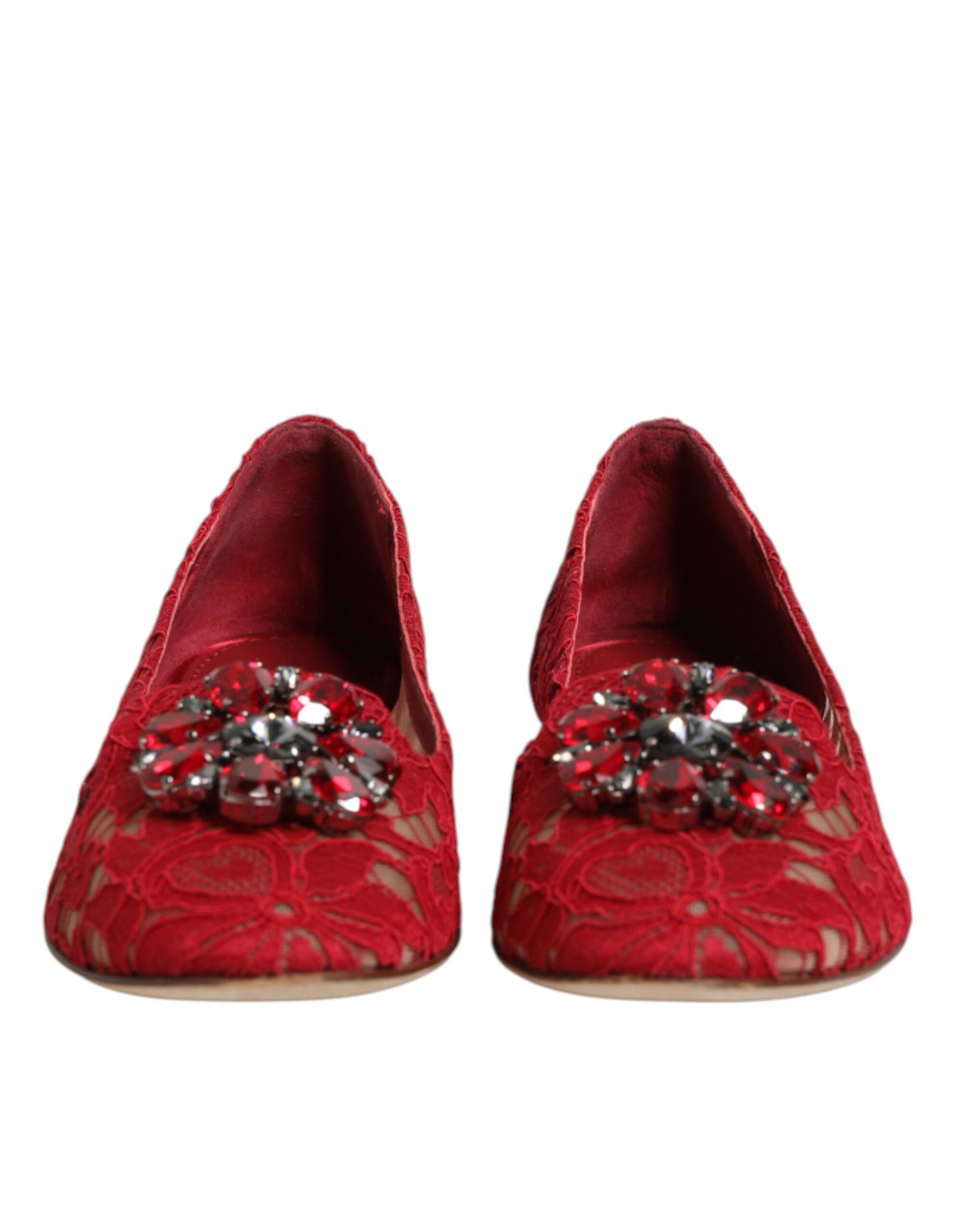 Dolce & Gabbana Red Lace Crystal Ballet Flats Loafers Shoes | Regal Royce
