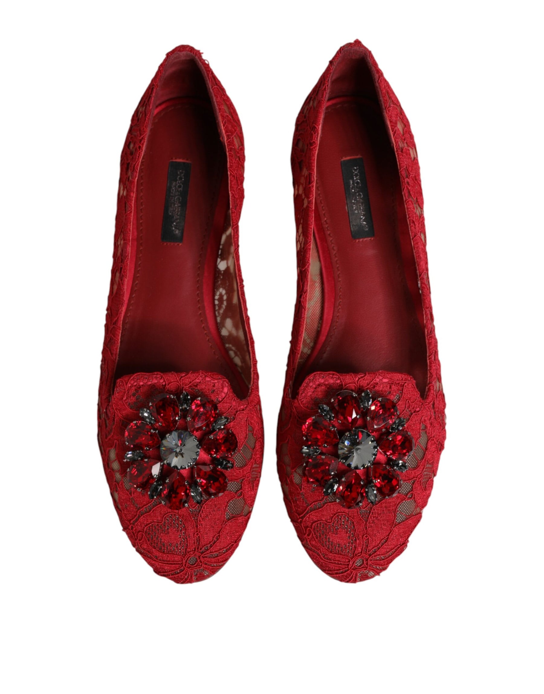 Dolce & Gabbana Red Lace Crystal Ballet Flats Loafers Shoes | Regal Royce