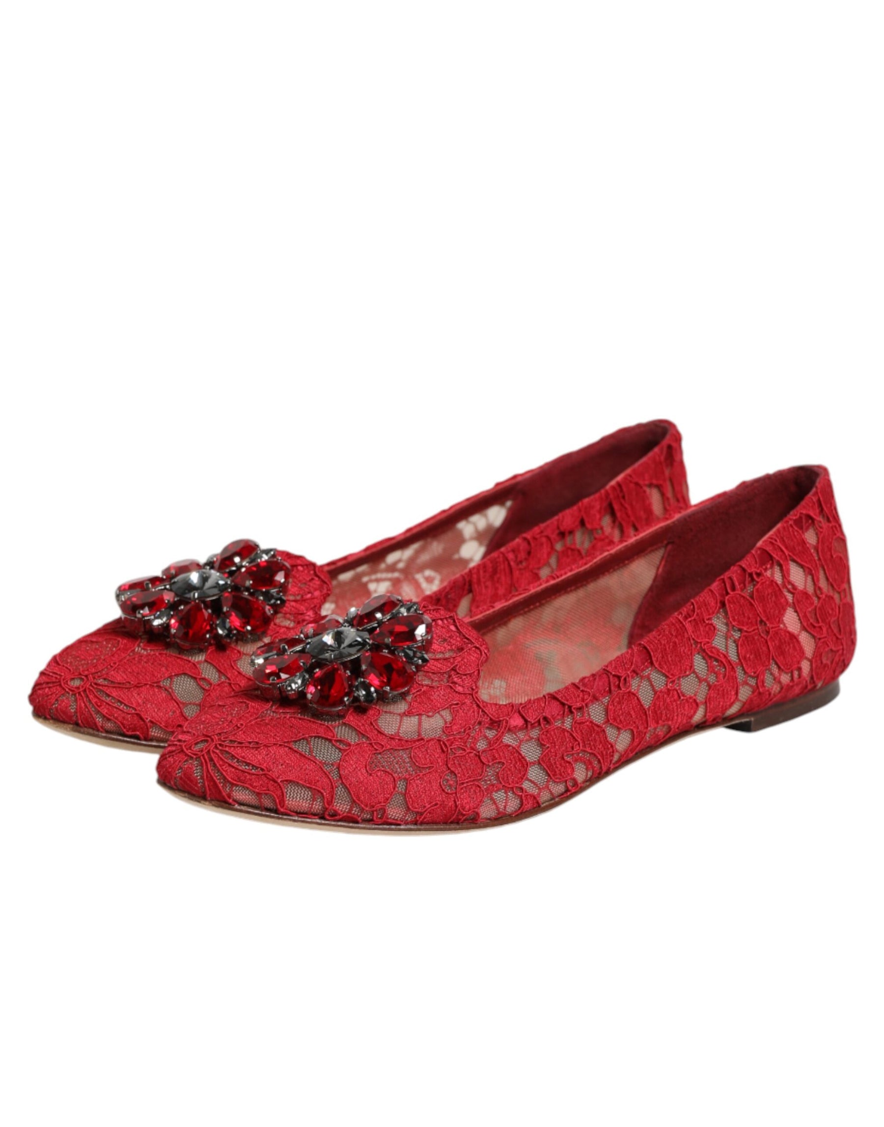 Dolce & Gabbana Red Lace Crystal Ballet Flats Loafers Shoes | Regal Royce