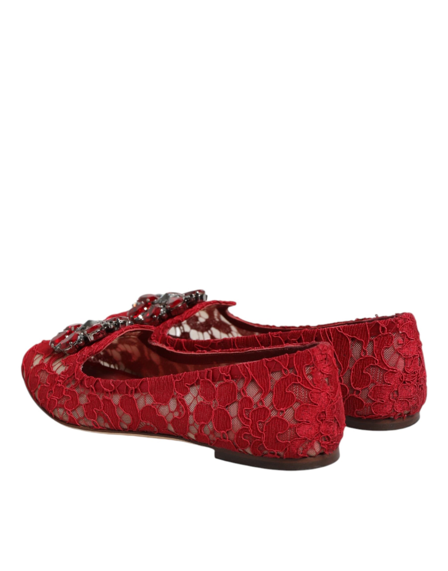 Dolce & Gabbana Red Lace Crystal Ballet Flats Loafers Shoes | Regal Royce