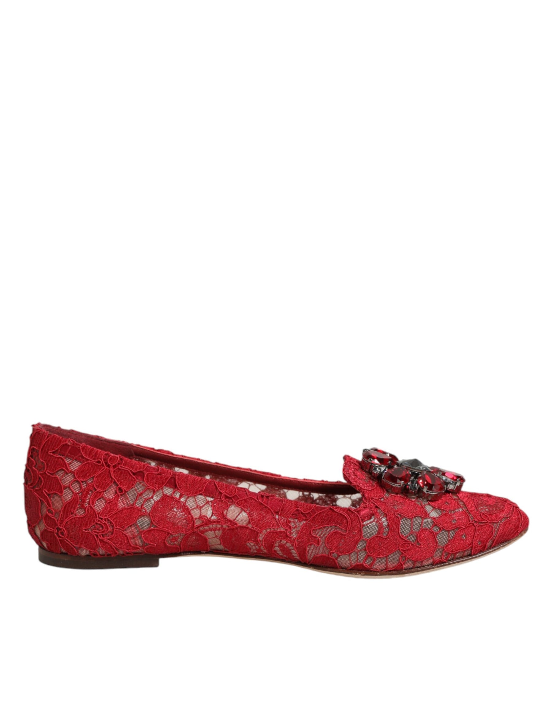 Dolce & Gabbana Red Lace Crystal Ballet Flats Loafers Shoes | Regal Royce