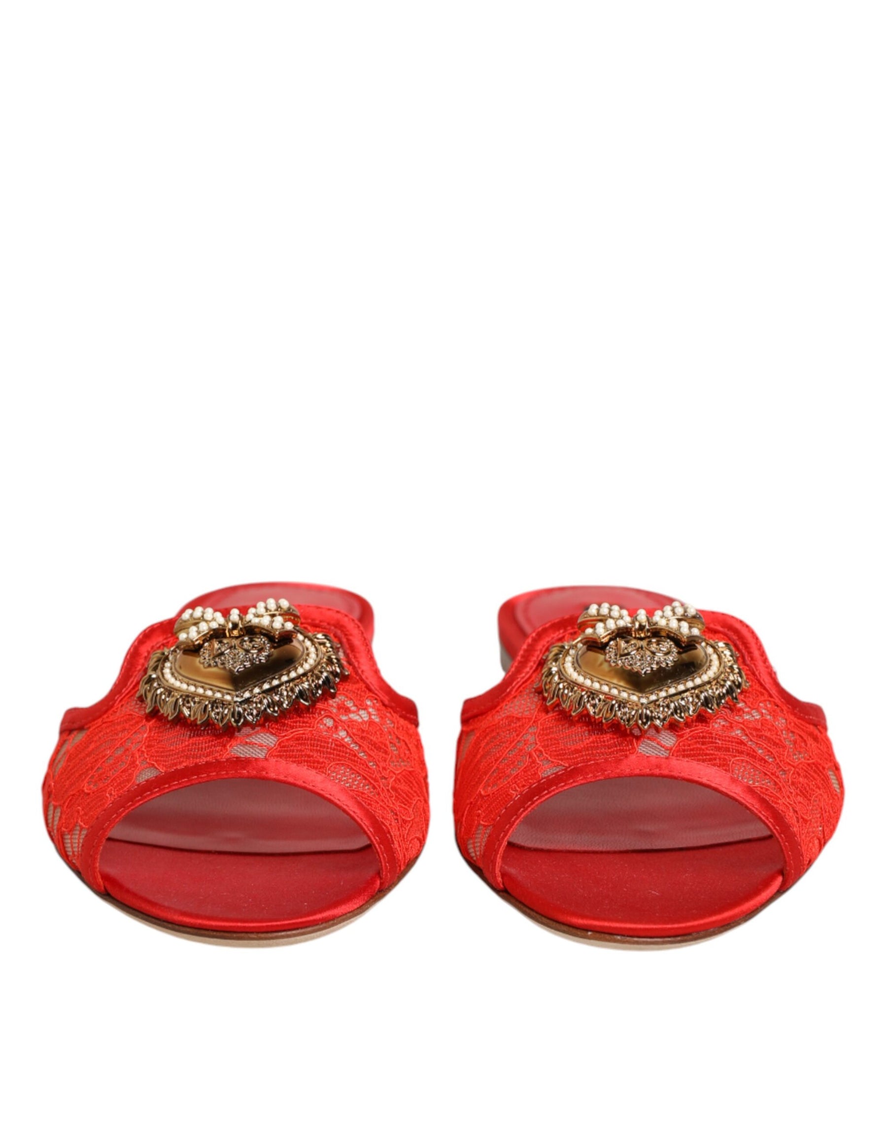 Dolce & Gabbana Red Devotion Lace Flats Slip On Sandals Shoes | Regal Royce