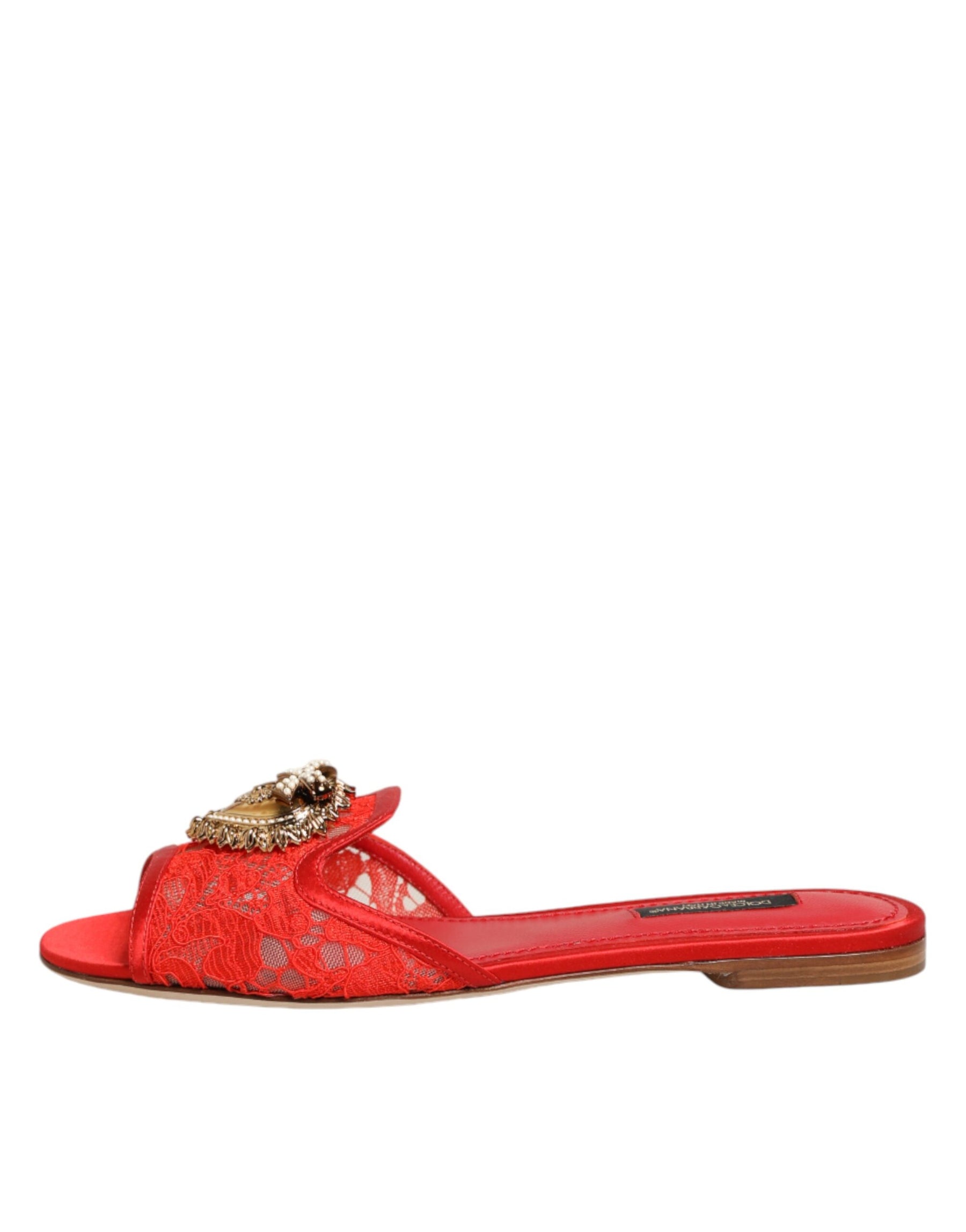 Dolce & Gabbana Red Devotion Lace Flats Slip On Sandals Shoes | Regal Royce
