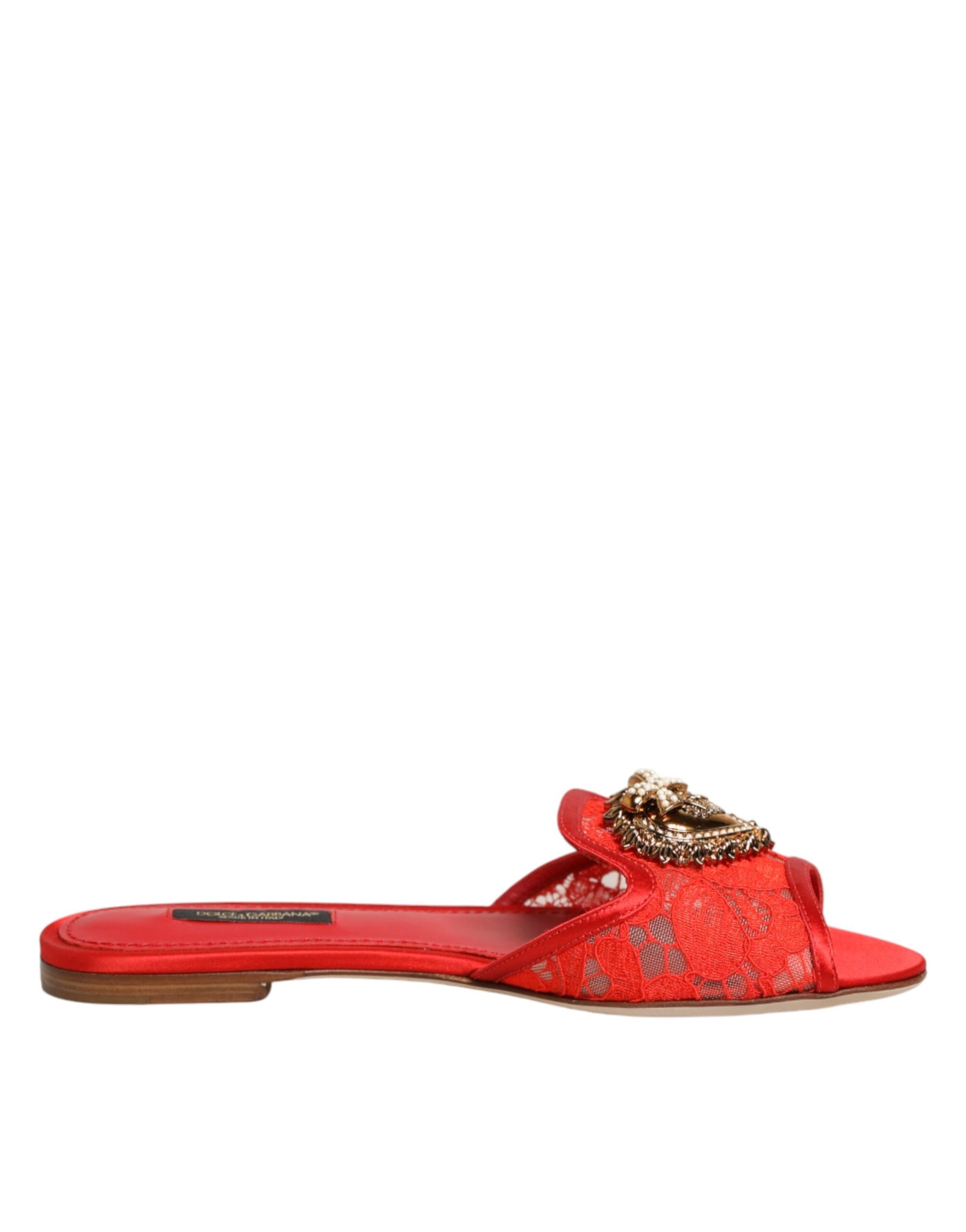 Dolce & Gabbana Red Devotion Lace Flats Slip On Sandals Shoes | Regal Royce