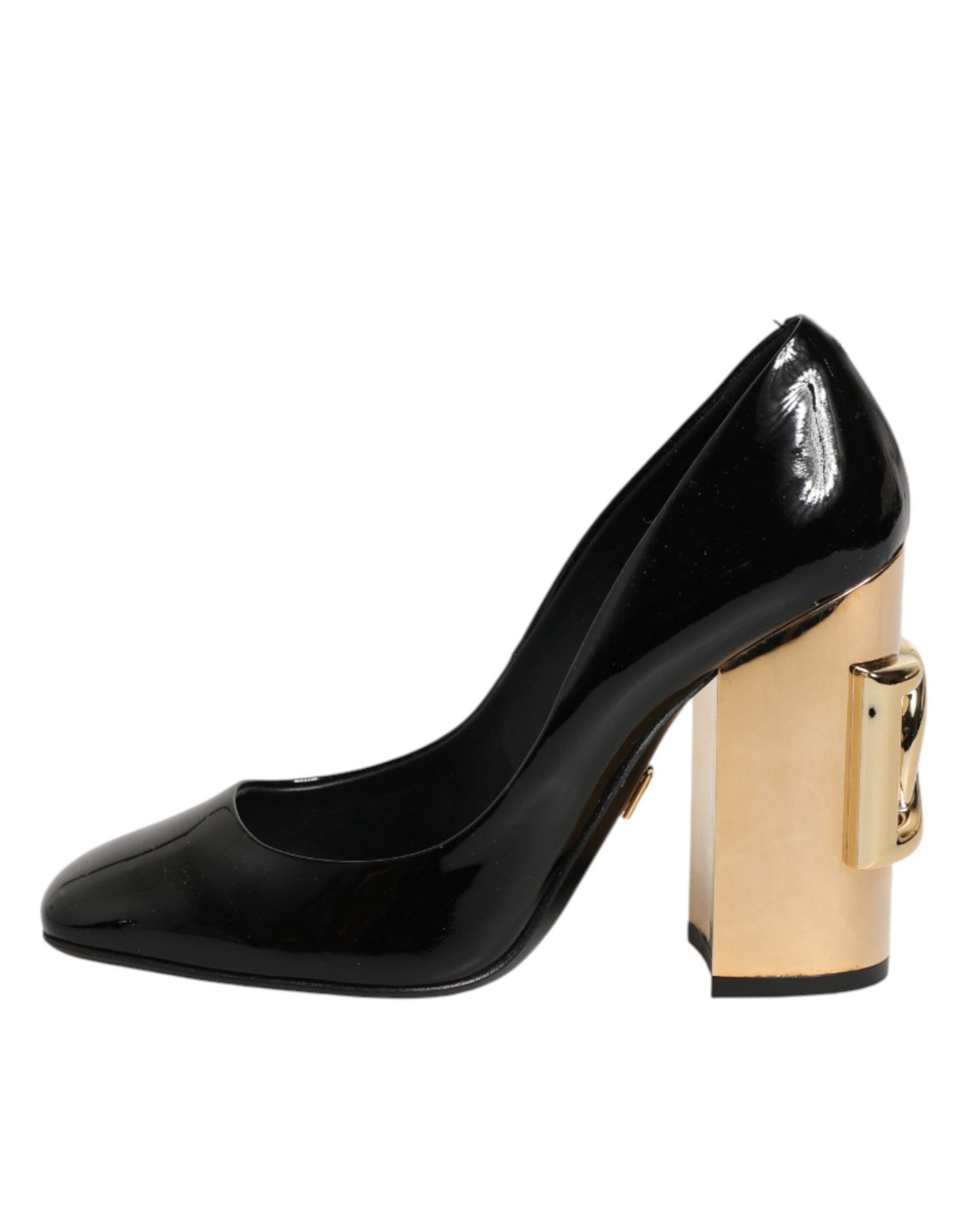 Dolce & Gabbana Black Gold Patent Leather Logo Heels Pumps Shoes | Regal Royce