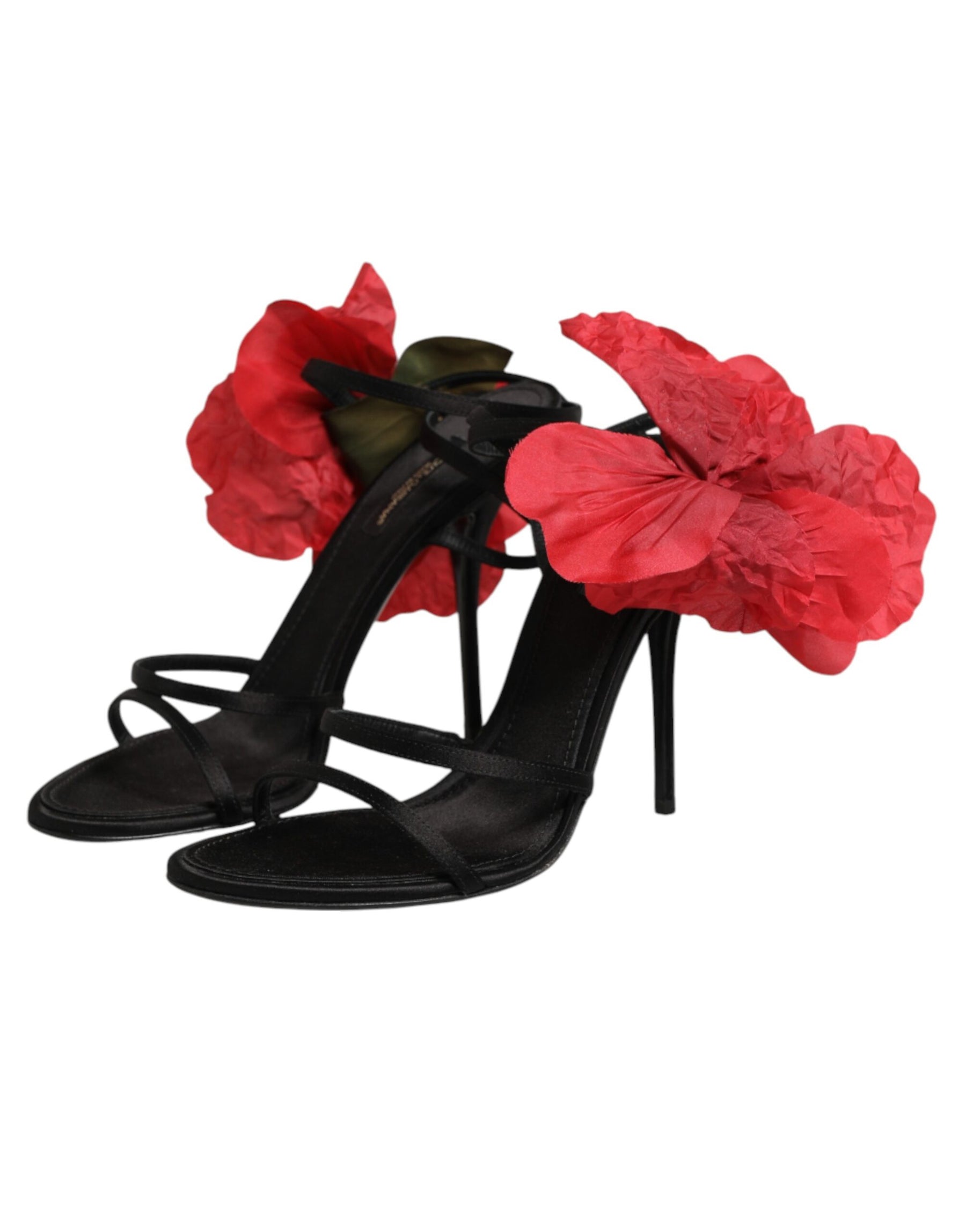Dolce & Gabbana Black Leather Strappy Flower Heels Sandals  Shoes | Regal Royce