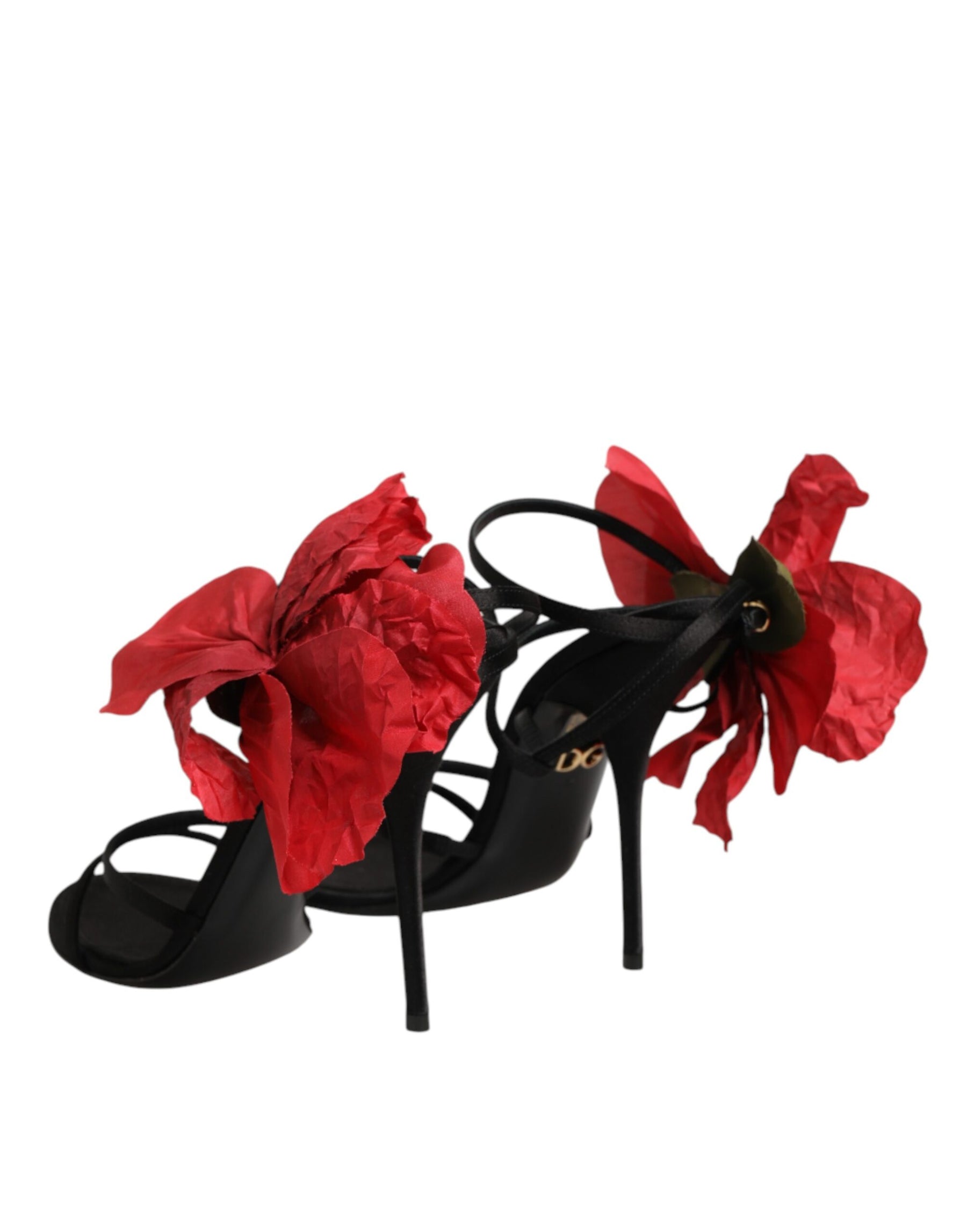 Dolce & Gabbana Black Leather Strappy Flower Heels Sandals  Shoes | Regal Royce