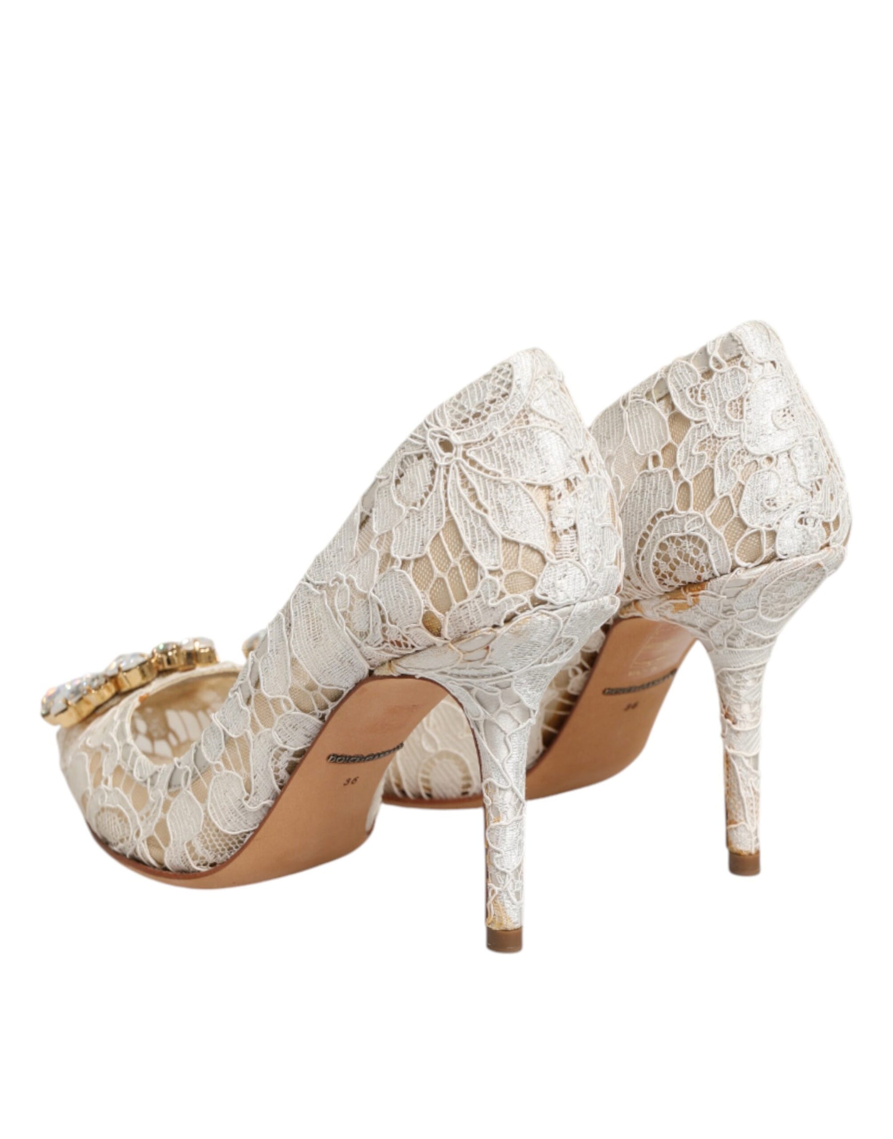 Dolce & Gabbana White Taormina Lace Crystal Heel Pumps Shoes | Regal Royce