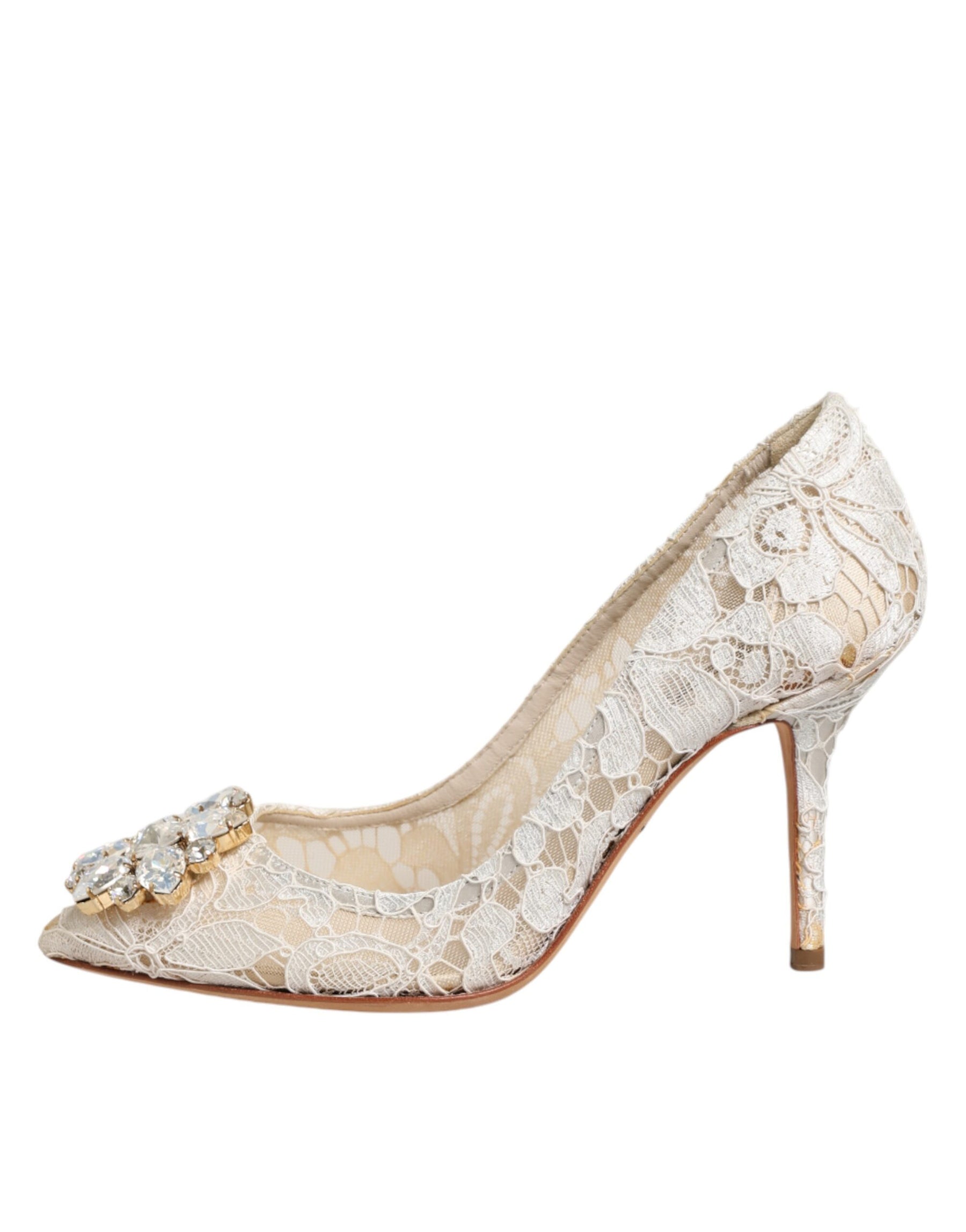 Dolce & Gabbana White Taormina Lace Crystal Heel Pumps Shoes | Regal Royce