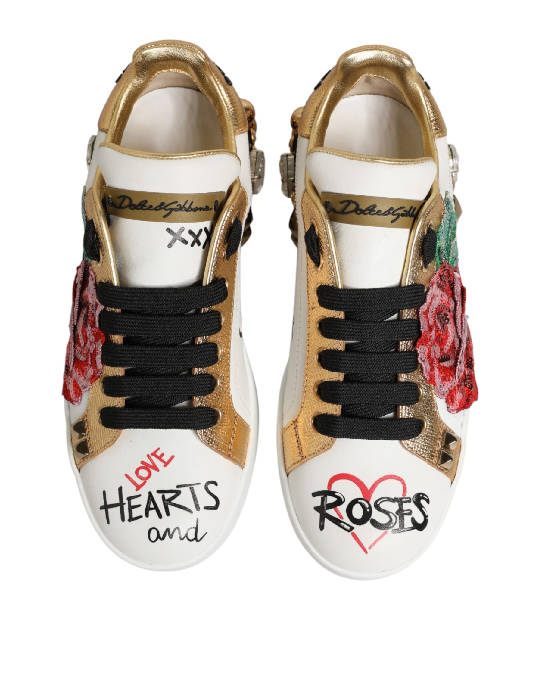Dolce & Gabbana White Leather Floral Studded Sneakers Shoes | Regal Royce