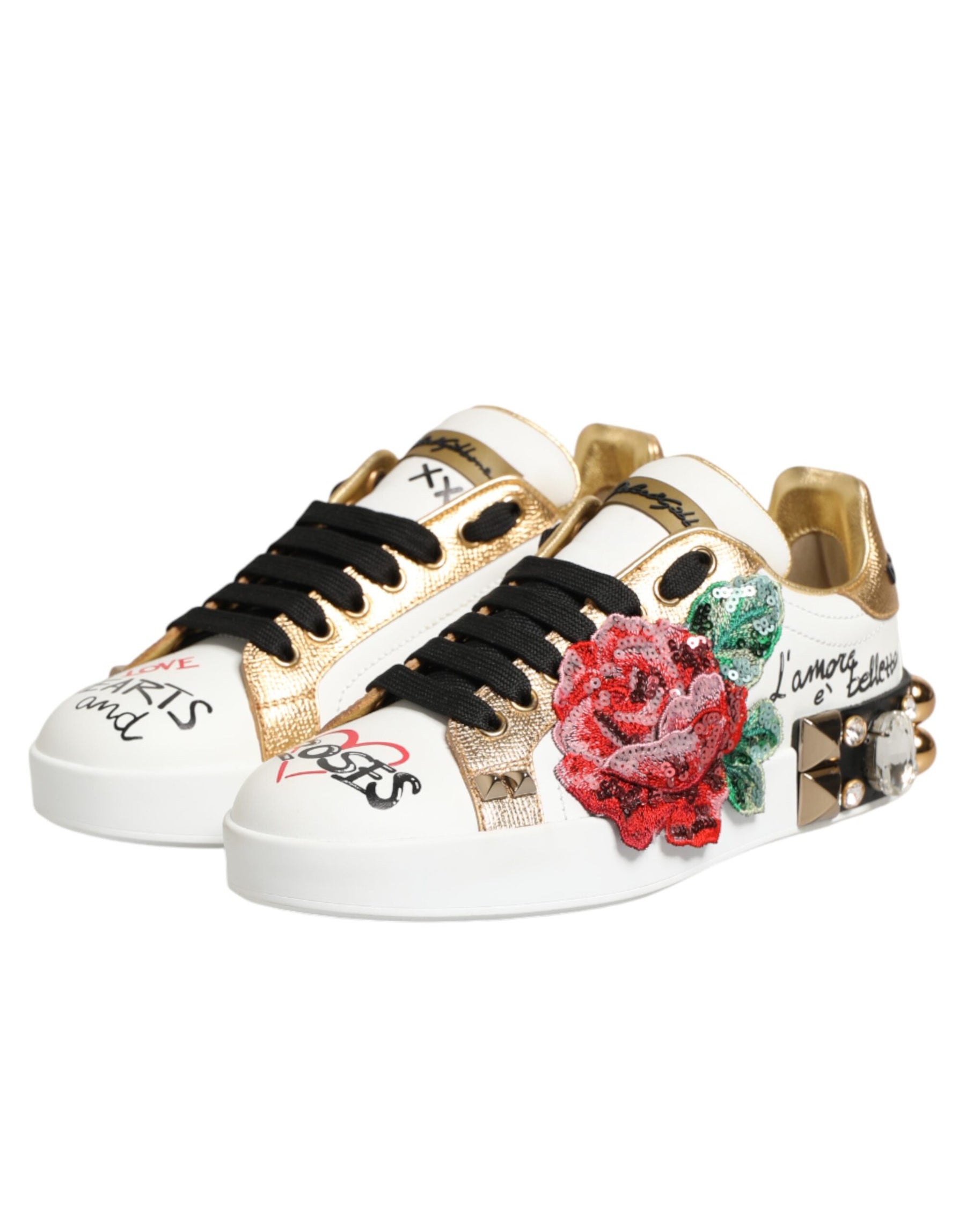 Dolce & Gabbana White Leather Floral Studded Sneakers Shoes | Regal Royce