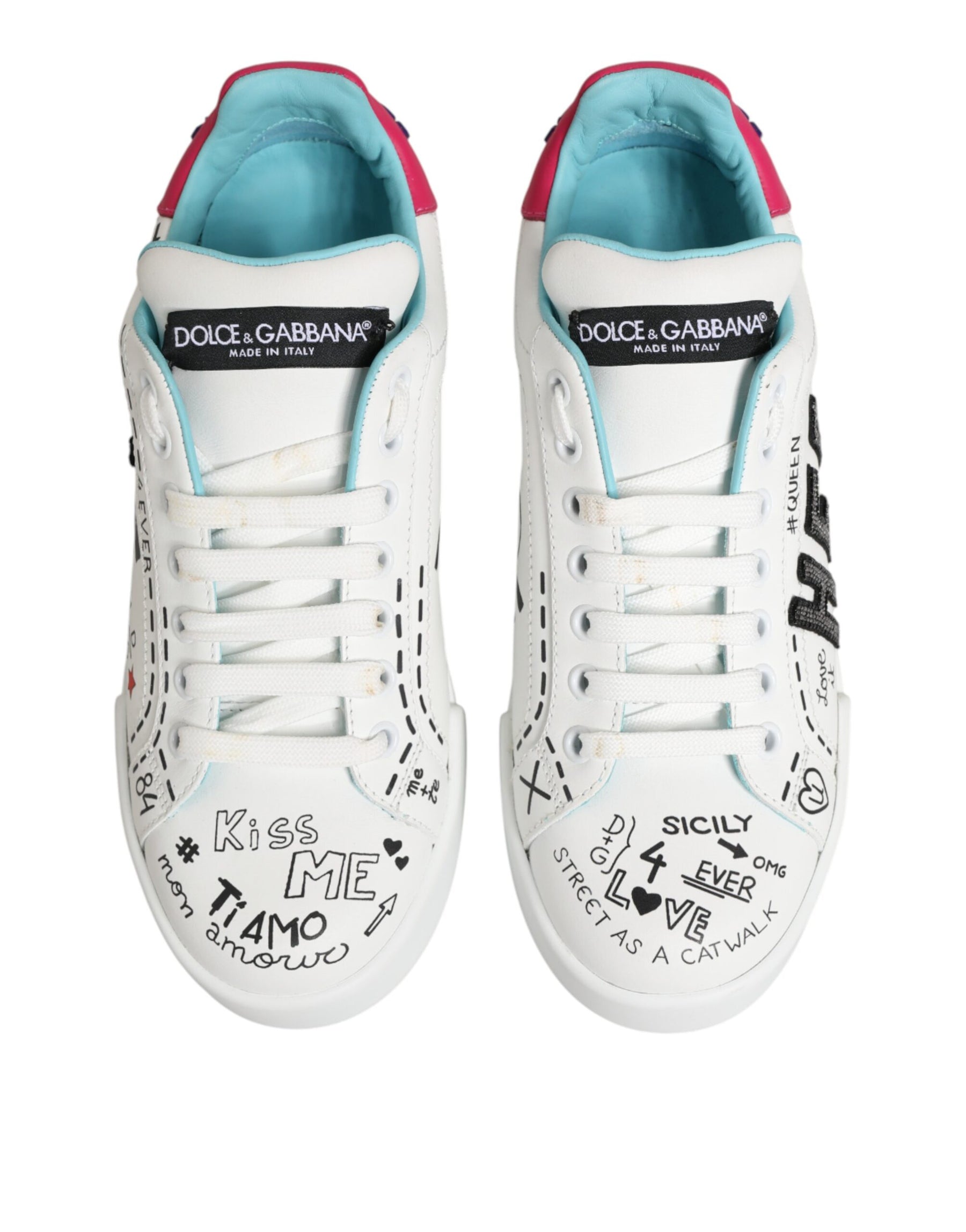 Dolce & Gabbana White Leather Graffiti Low Top Sneakers Shoes | Regal Royce