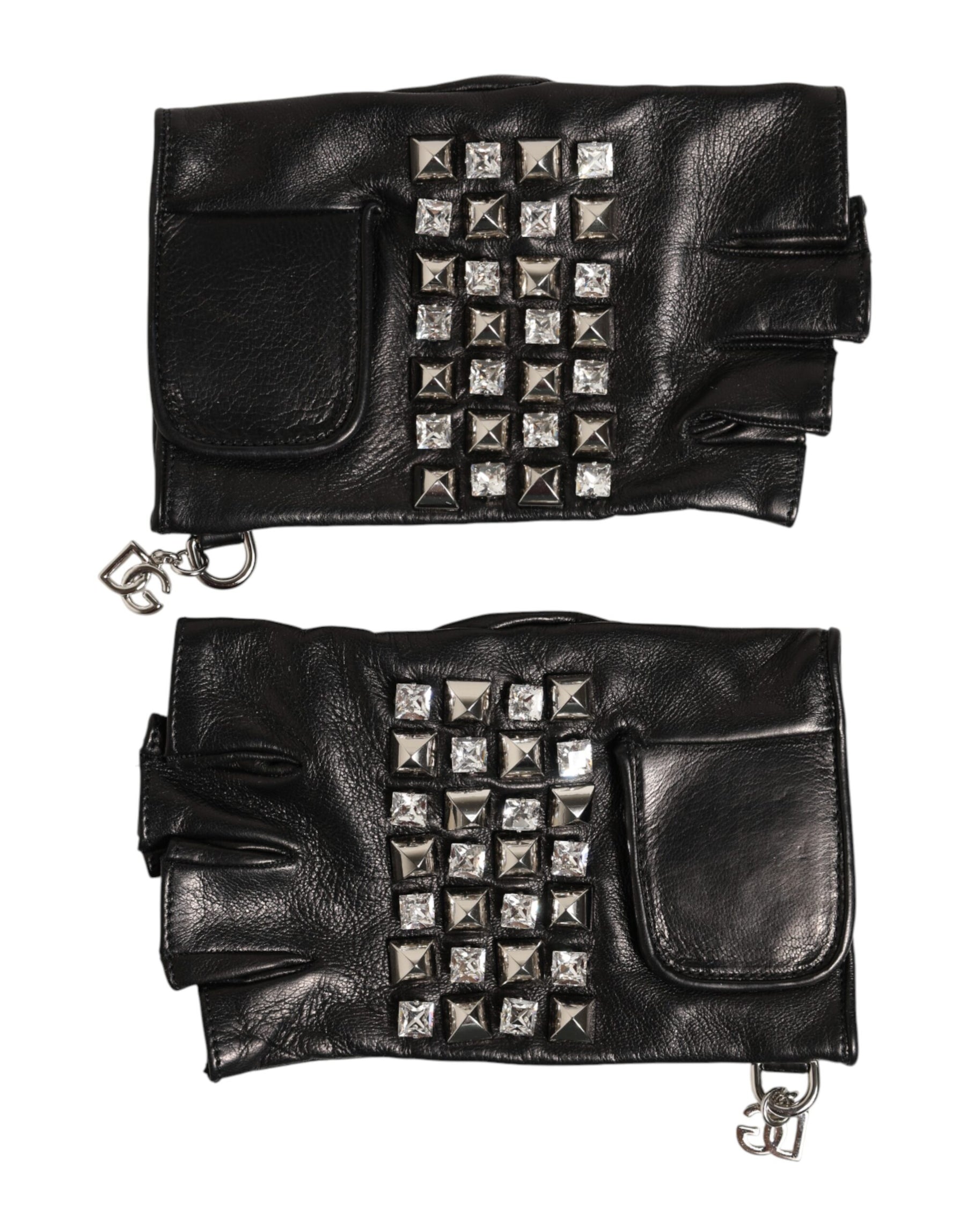 Dolce & Gabbana Black Leather Studded Fingerless Hand Mitten Men Gloves | Regal Royce