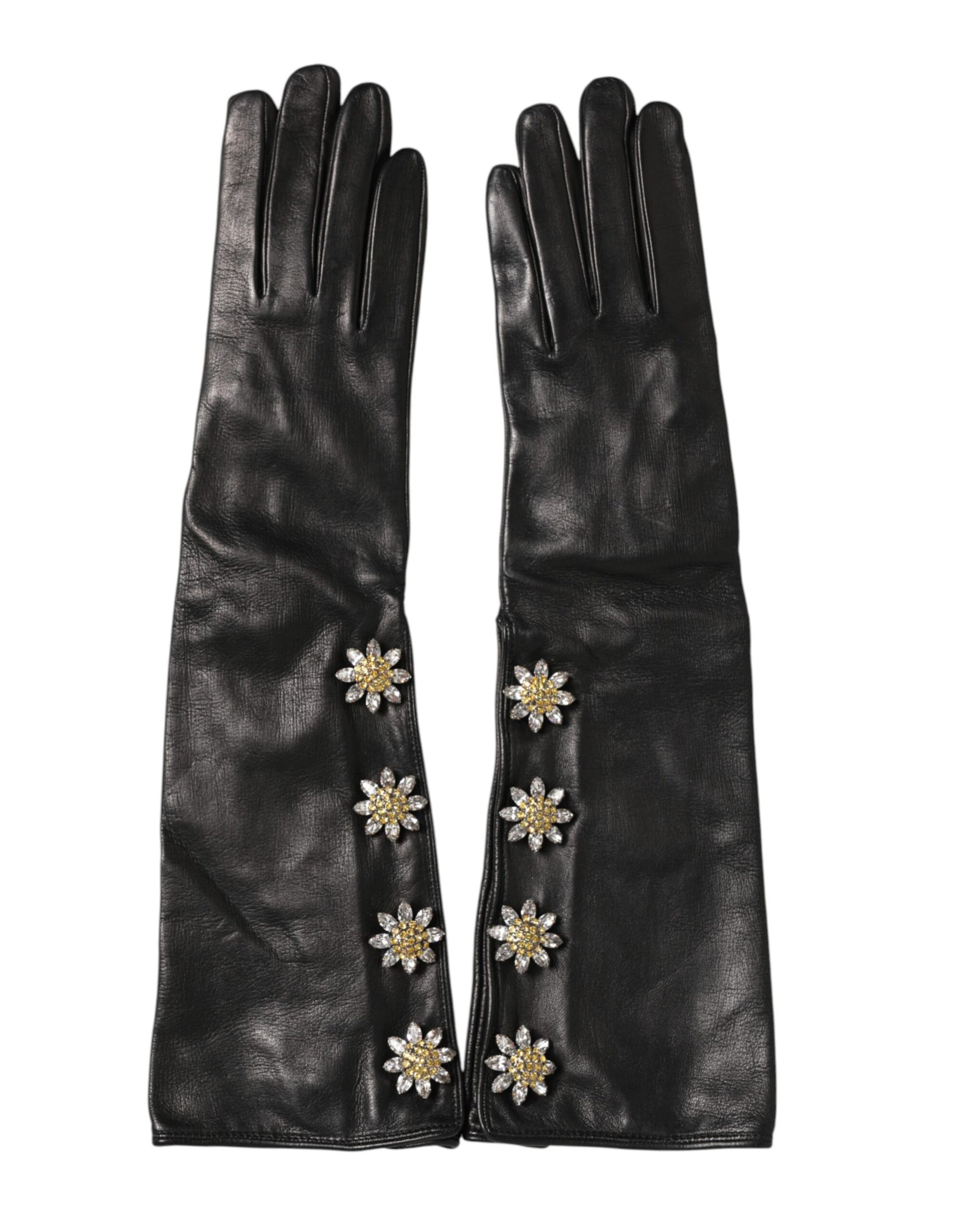 Dolce & Gabbana Black Leather Embellished Long Mitten Gloves | Regal Royce