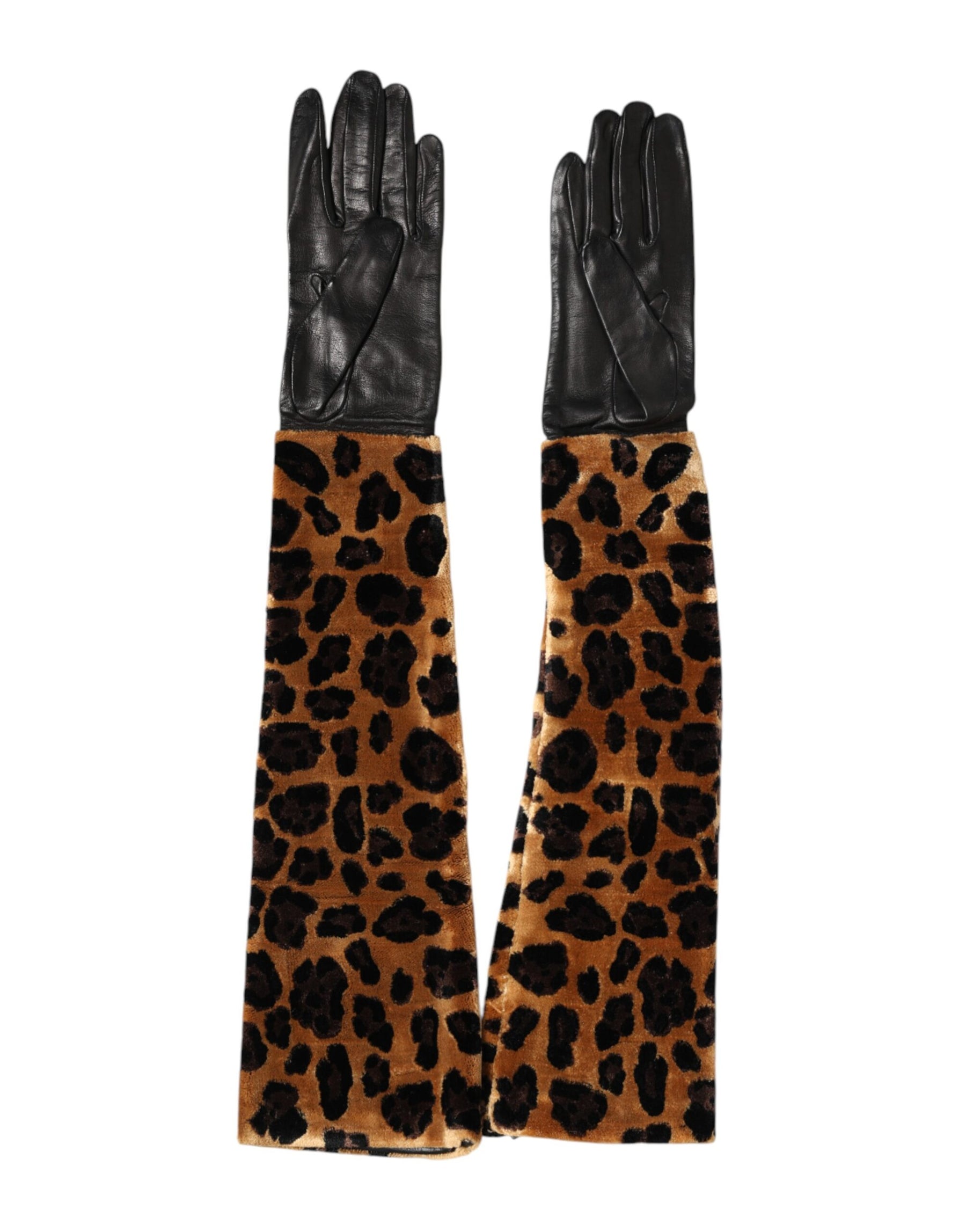 Dolce & Gabbana Brown Black Leopard Leather Elbow Length Mitten Gloves | Regal Royce