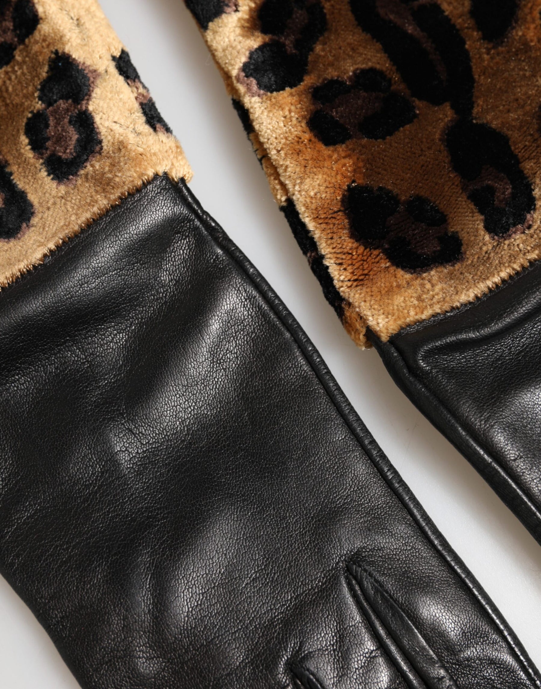 Dolce & Gabbana Brown Black Leopard Leather Elbow Length Mitten Gloves | Regal Royce