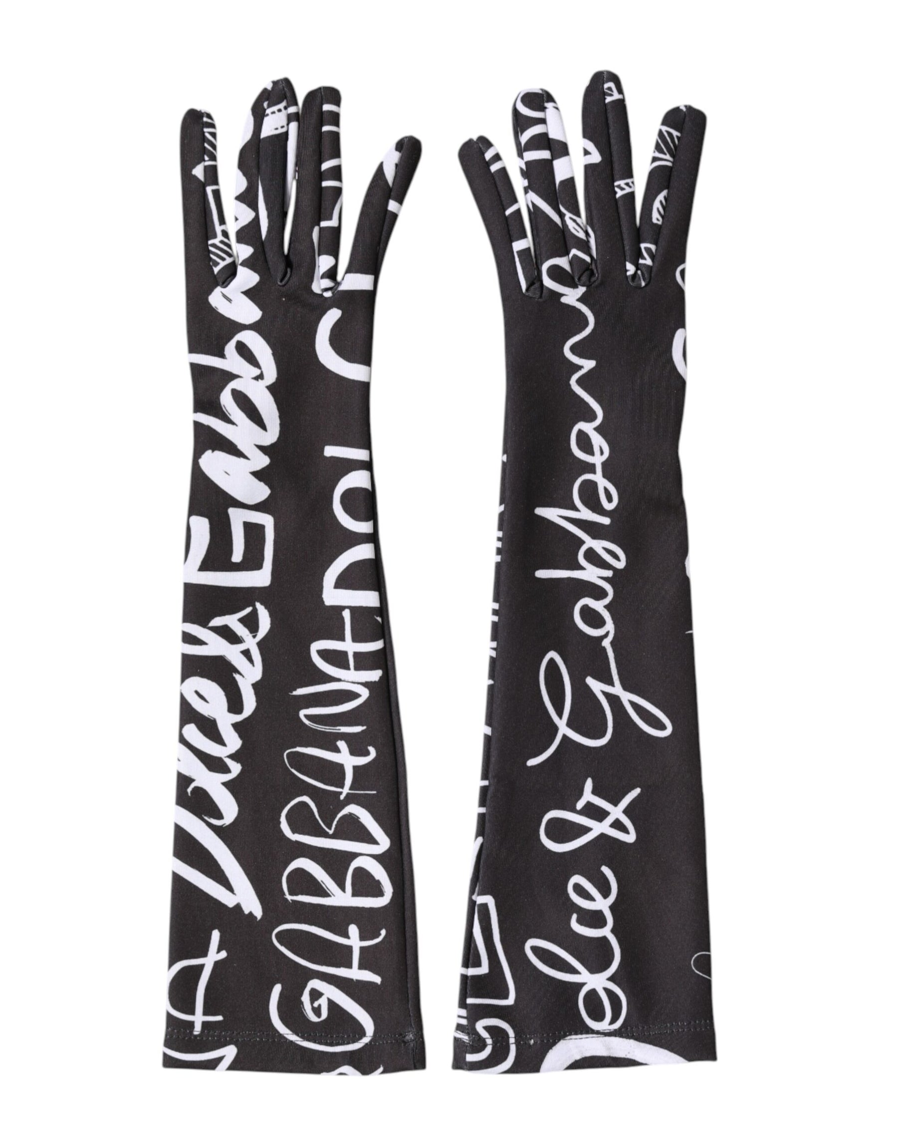 Dolce & Gabbana Black White DG Logo Elbow Length Mitten Gloves | Regal Royce