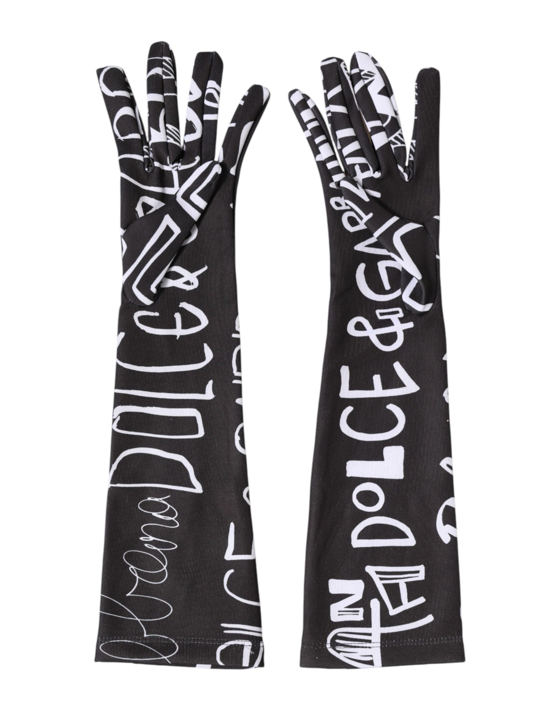 Dolce & Gabbana Black White DG Logo Elbow Length Mitten Gloves | Regal Royce