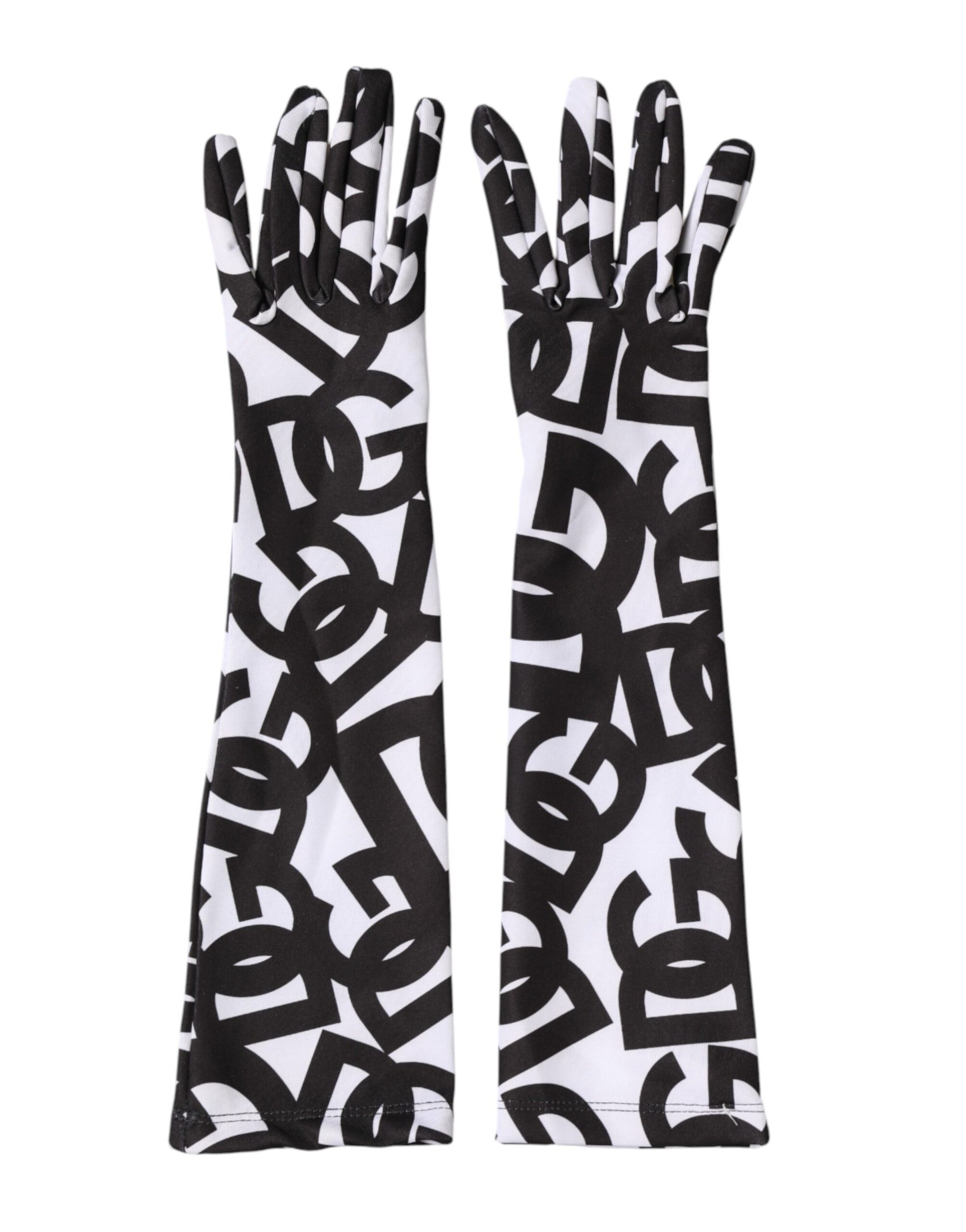 Dolce & Gabbana Black White DG Logo Elbow Length Mitten Gloves | Regal Royce