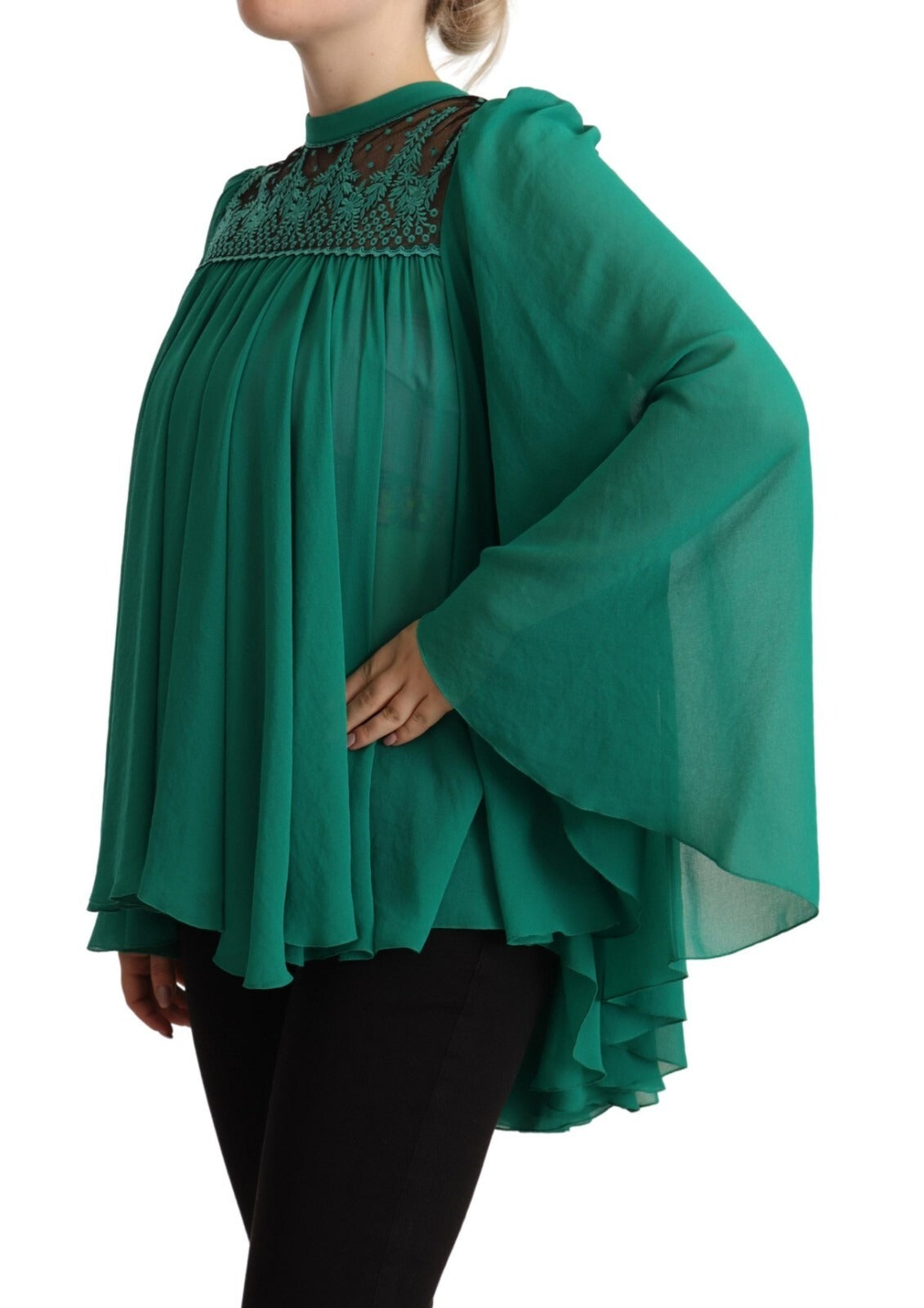 Philosophy Green Lace Polyester Long Sleeves Pleated Top Blouse | Regal Royce