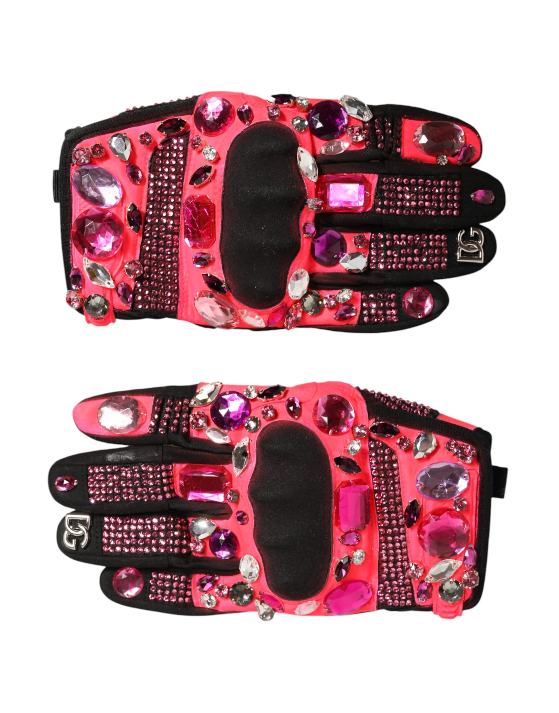 Dolce & Gabbana Black Pink Crystal Wrist Length Mitten Gloves | Regal Royce