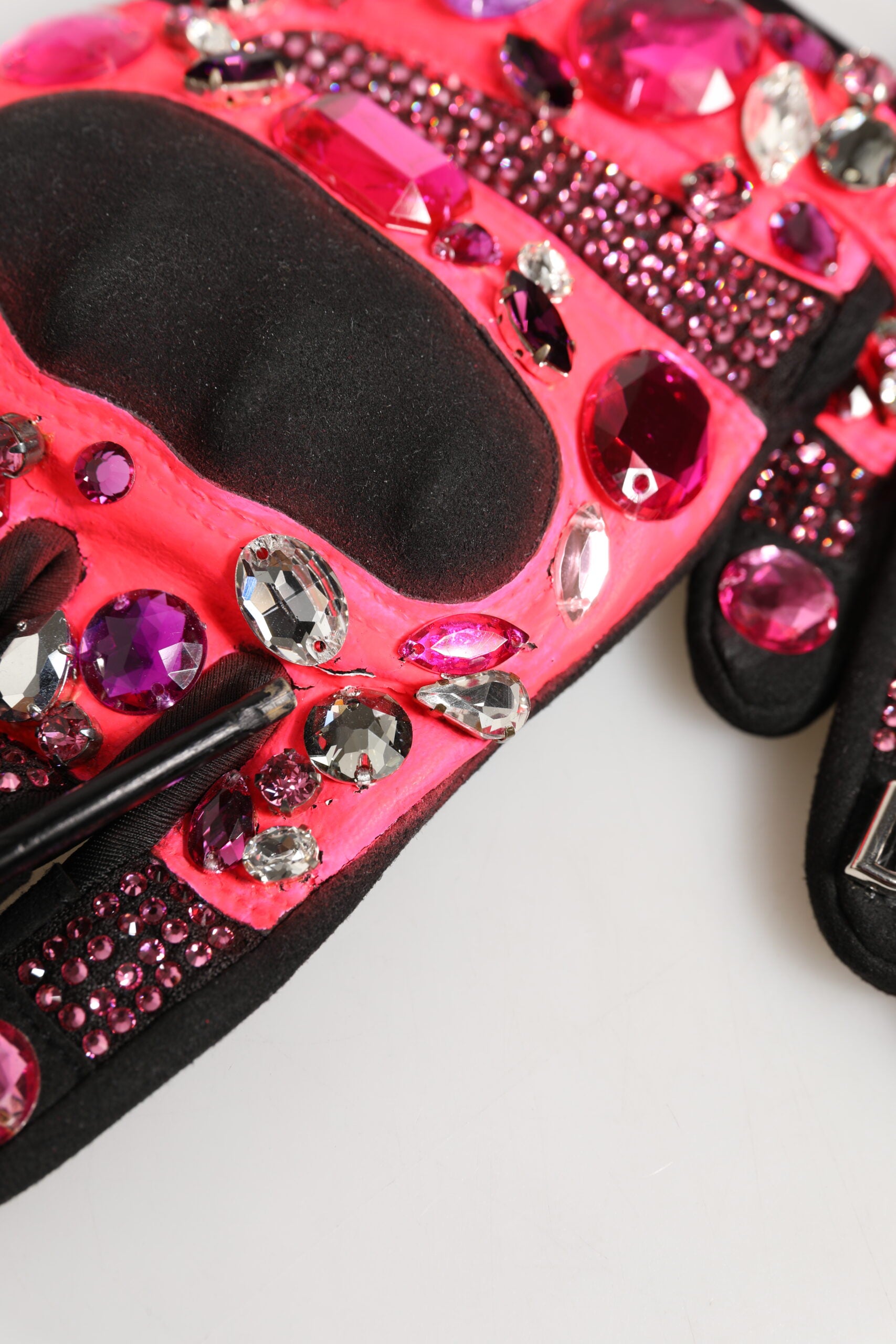 Dolce & Gabbana Black Pink Crystal Wrist Length Mitten Gloves | Regal Royce