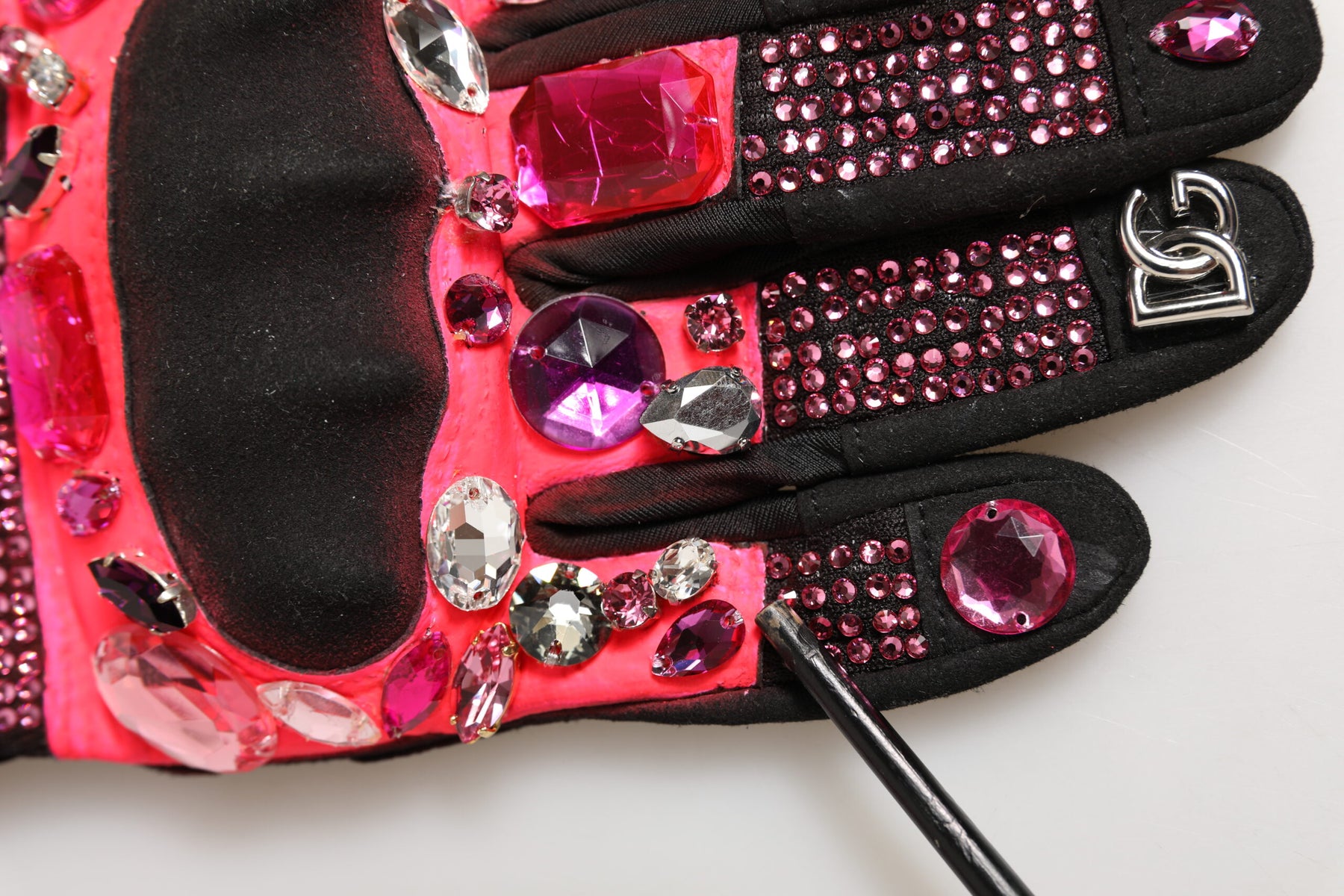 Dolce & Gabbana Black Pink Crystal Wrist Length Mitten Gloves | Regal Royce