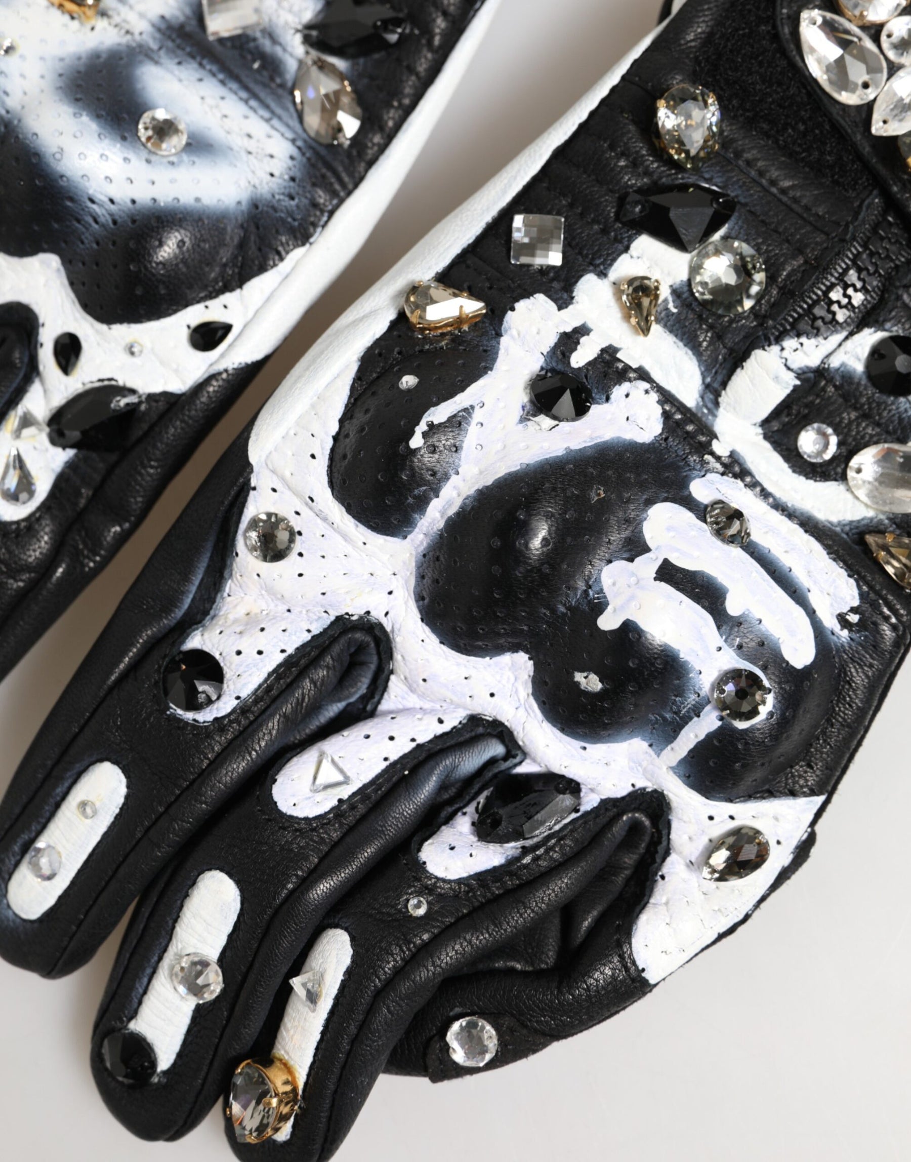 Dolce & Gabbana Gloves Black White Crystal Wrist Length Mitten  Gloves | Regal Royce