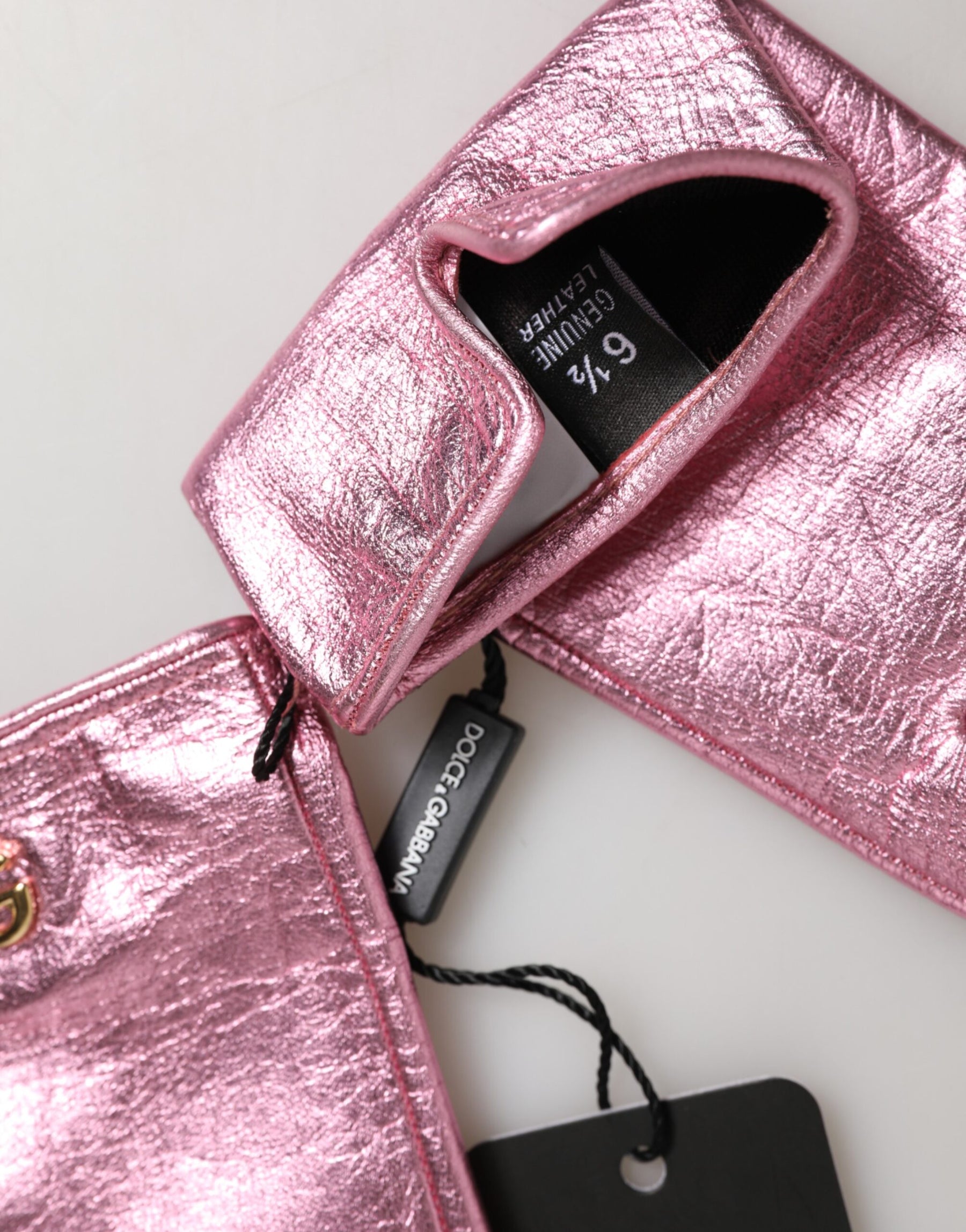 Dolce & Gabbana Pink Leather DG Logo Wrist Length Mitten Gloves | Regal Royce