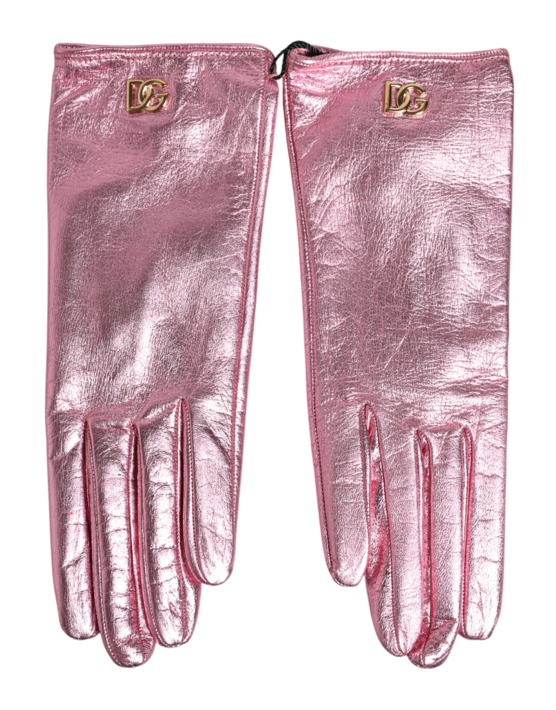Dolce & Gabbana Pink Leather DG Logo Wrist Length Mitten Gloves | Regal Royce