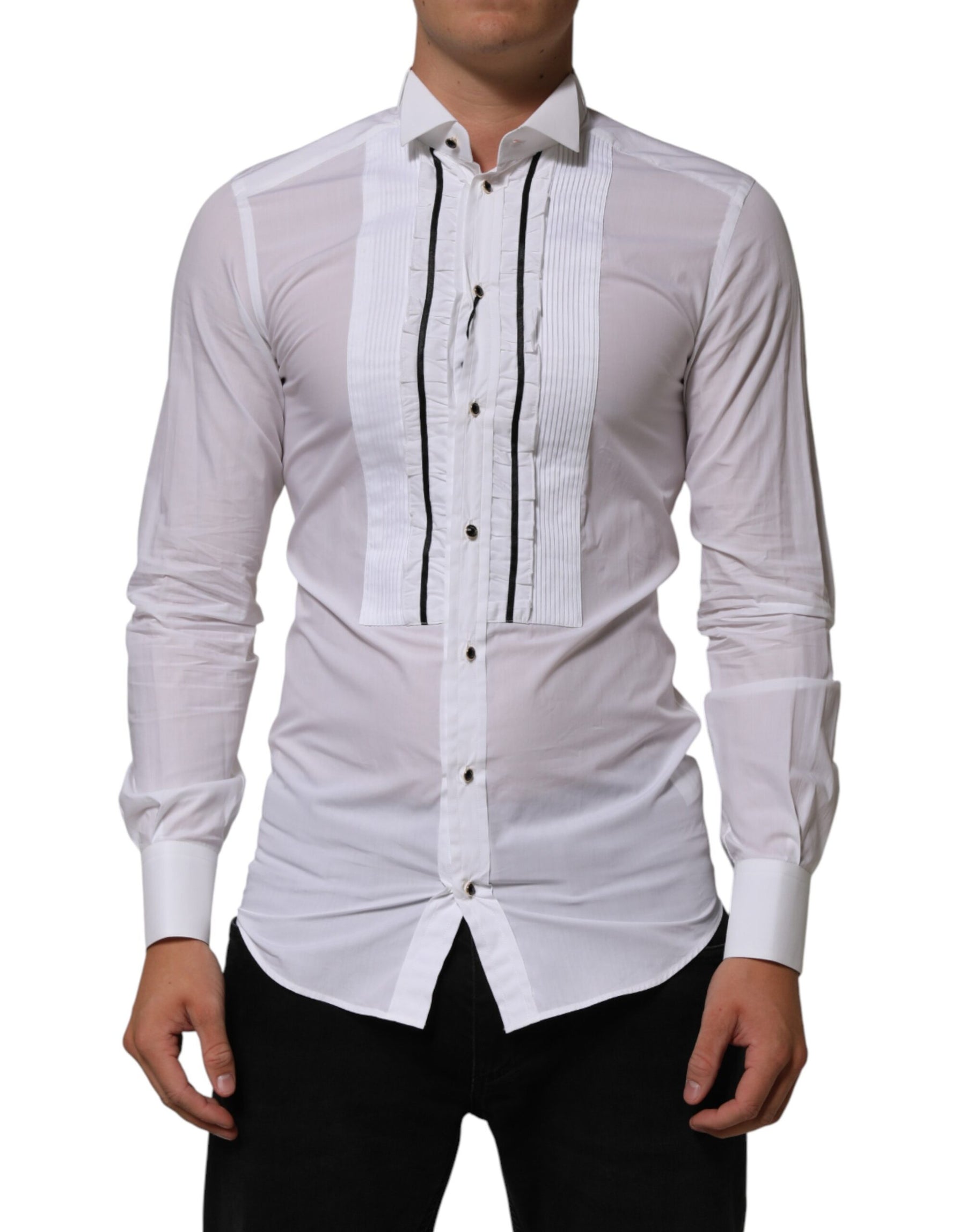 Dolce & Gabbana White Cotton Collared Long Sleeve GOLD Dress  Shirt | Regal Royce